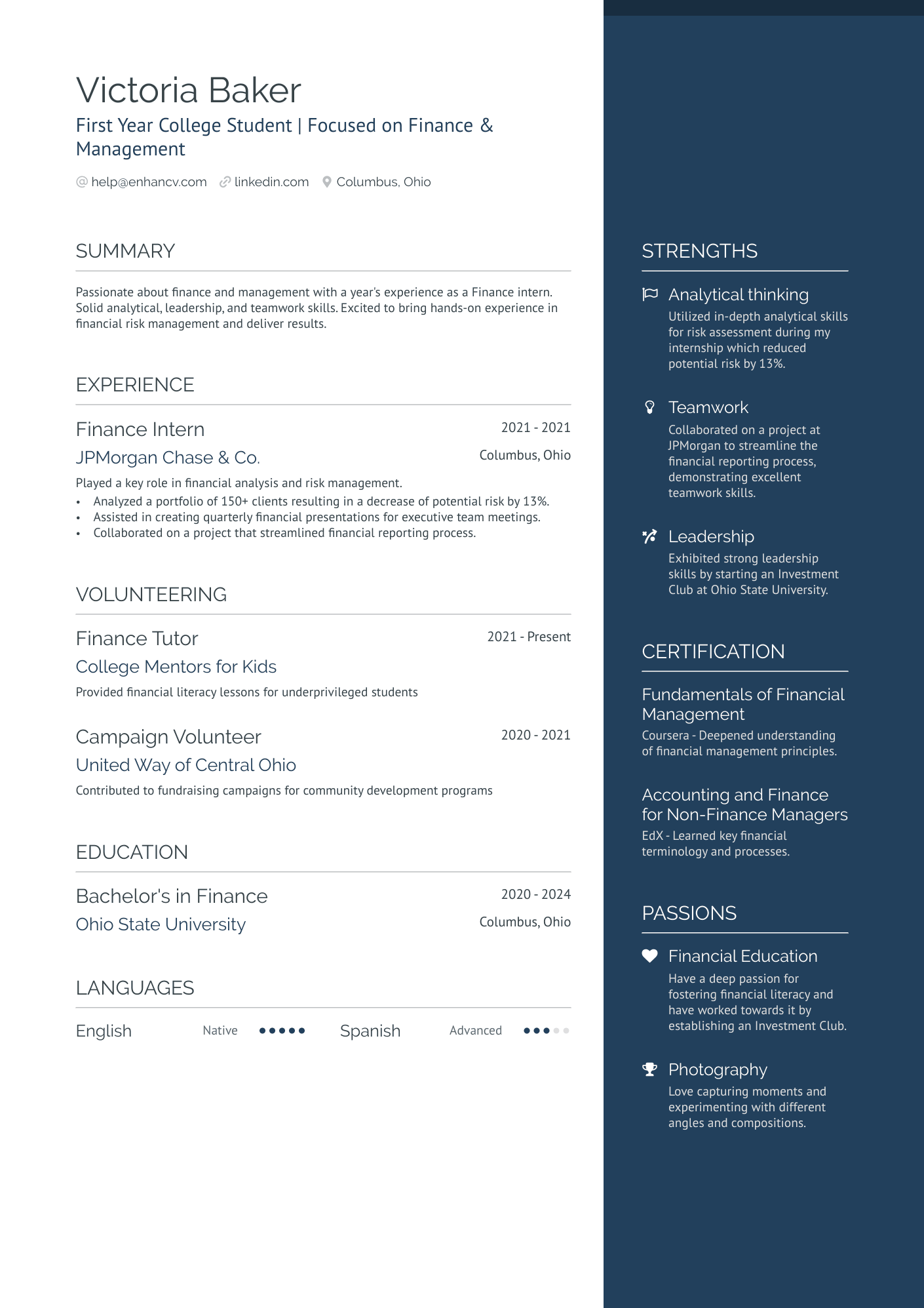 First Year College Student Resume Example
