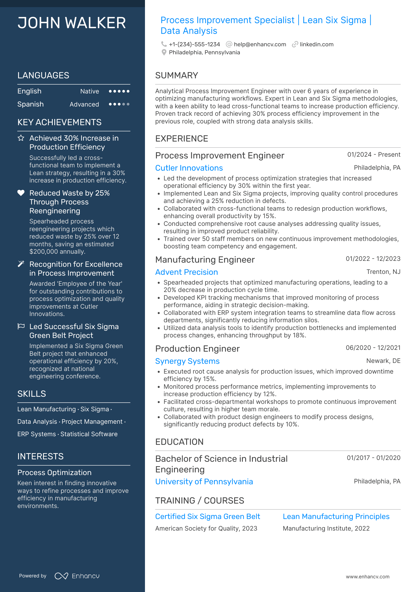 Process Improvement Engineer Resume Example