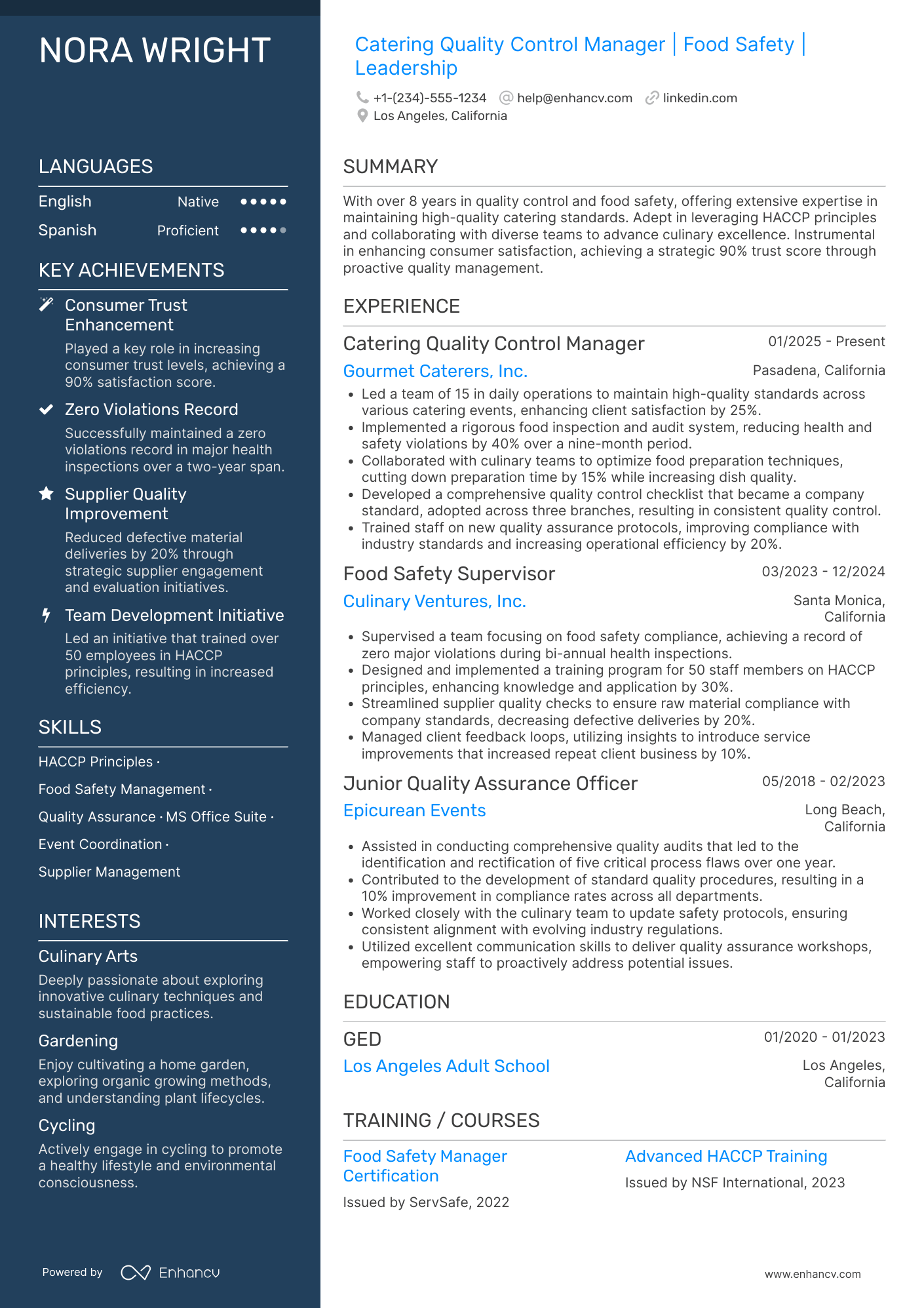Catering Quality Control Manager Resume Example