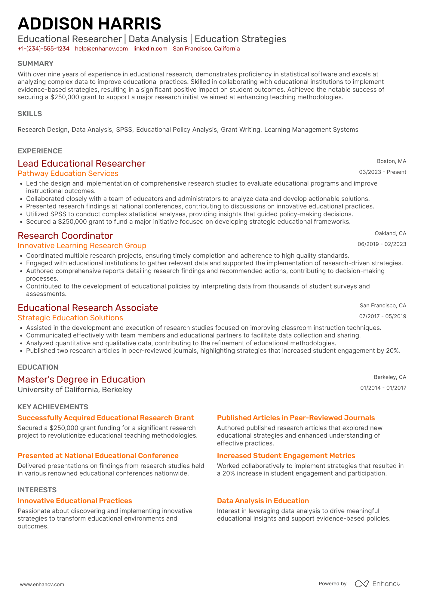 Educational Researcher Resume Example
