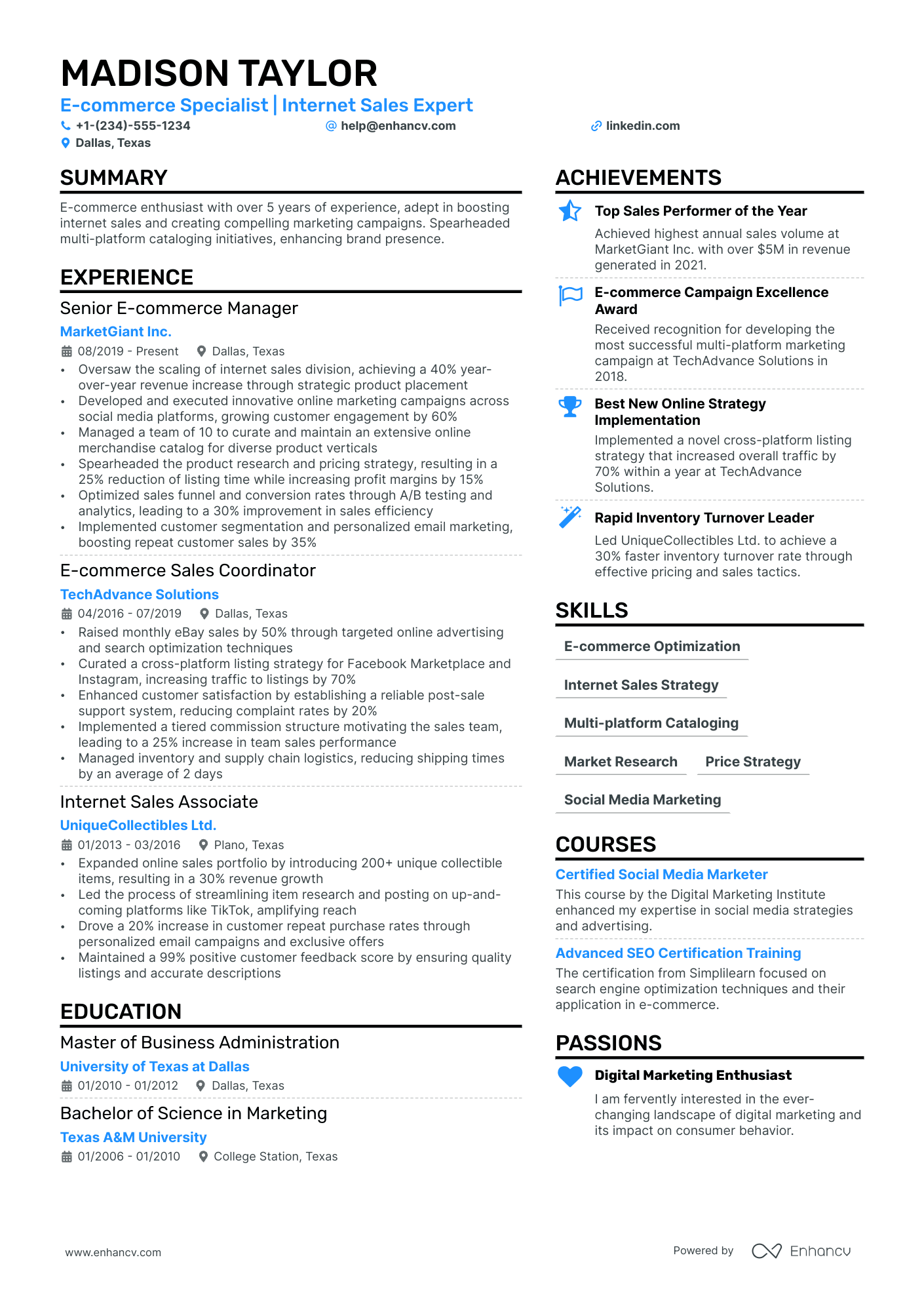 Online Sales Manager Resume Example