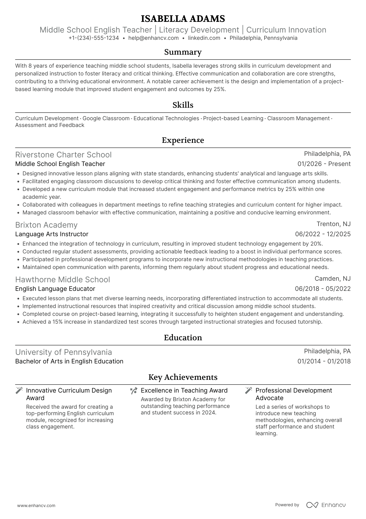 Middle School English Teacher Resume Example