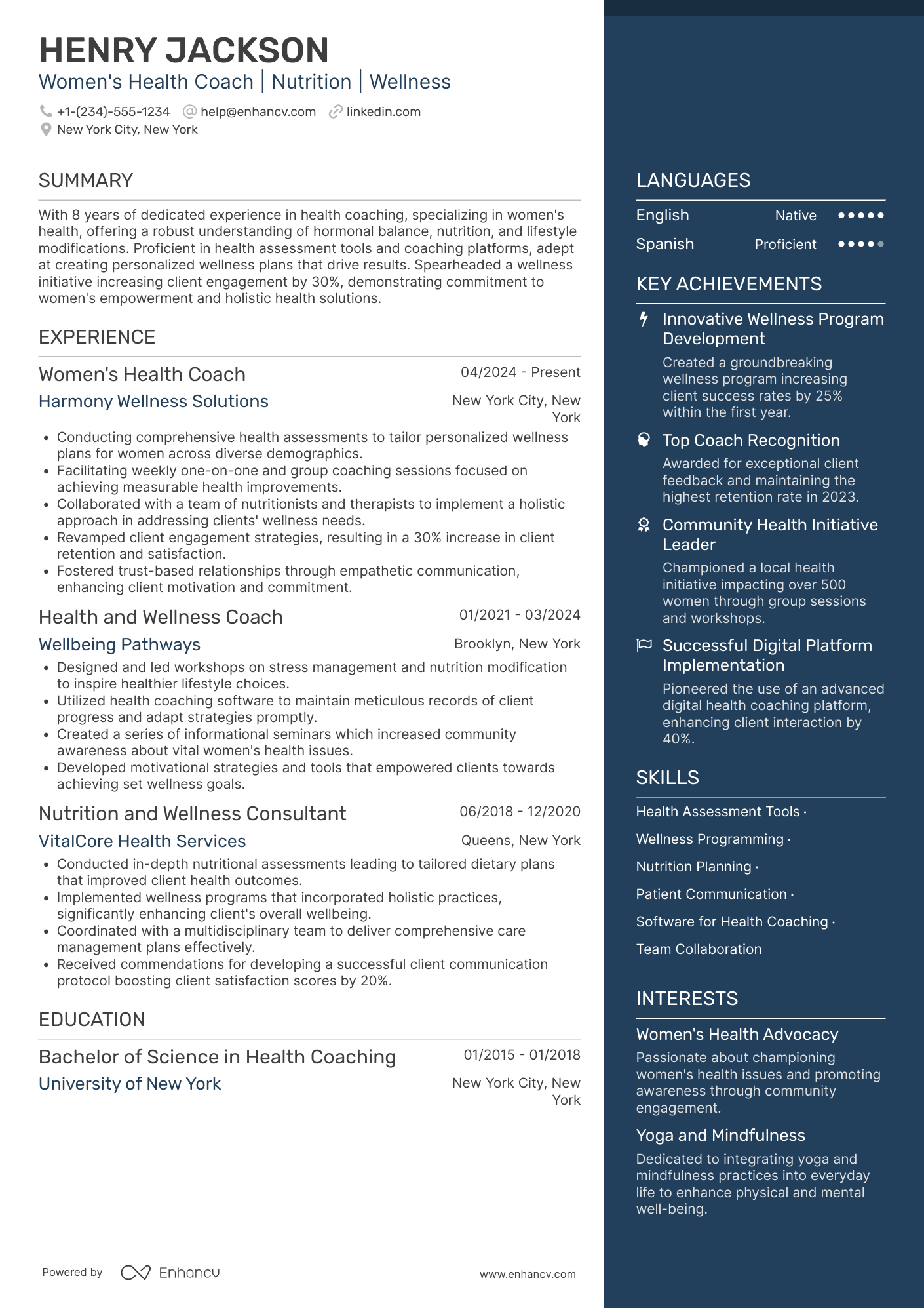 Women's Health Coach Resume Example