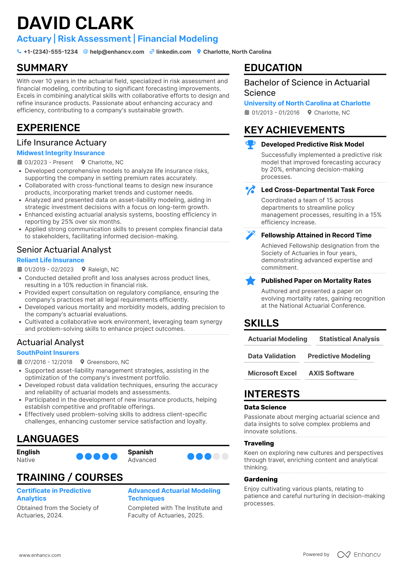 Life Insurance Actuary Resume Example