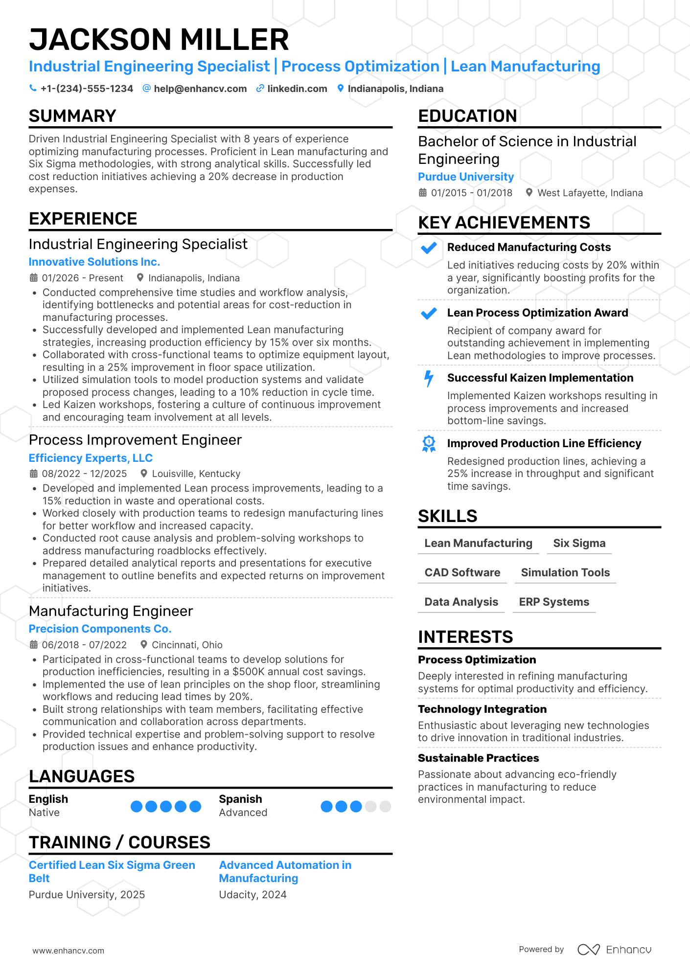 Industrial Engineering Specialist Resume Example