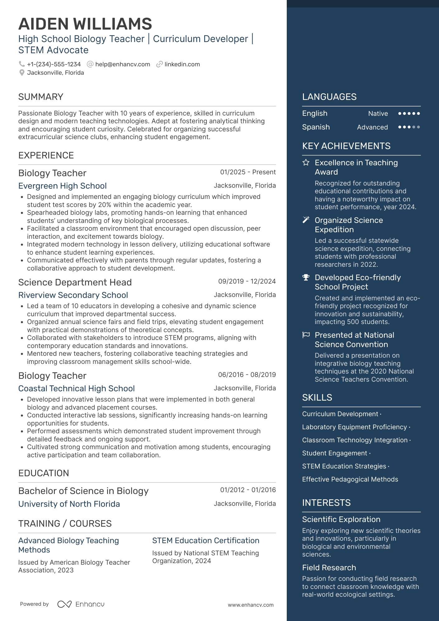 Biology Teacher Resume Example