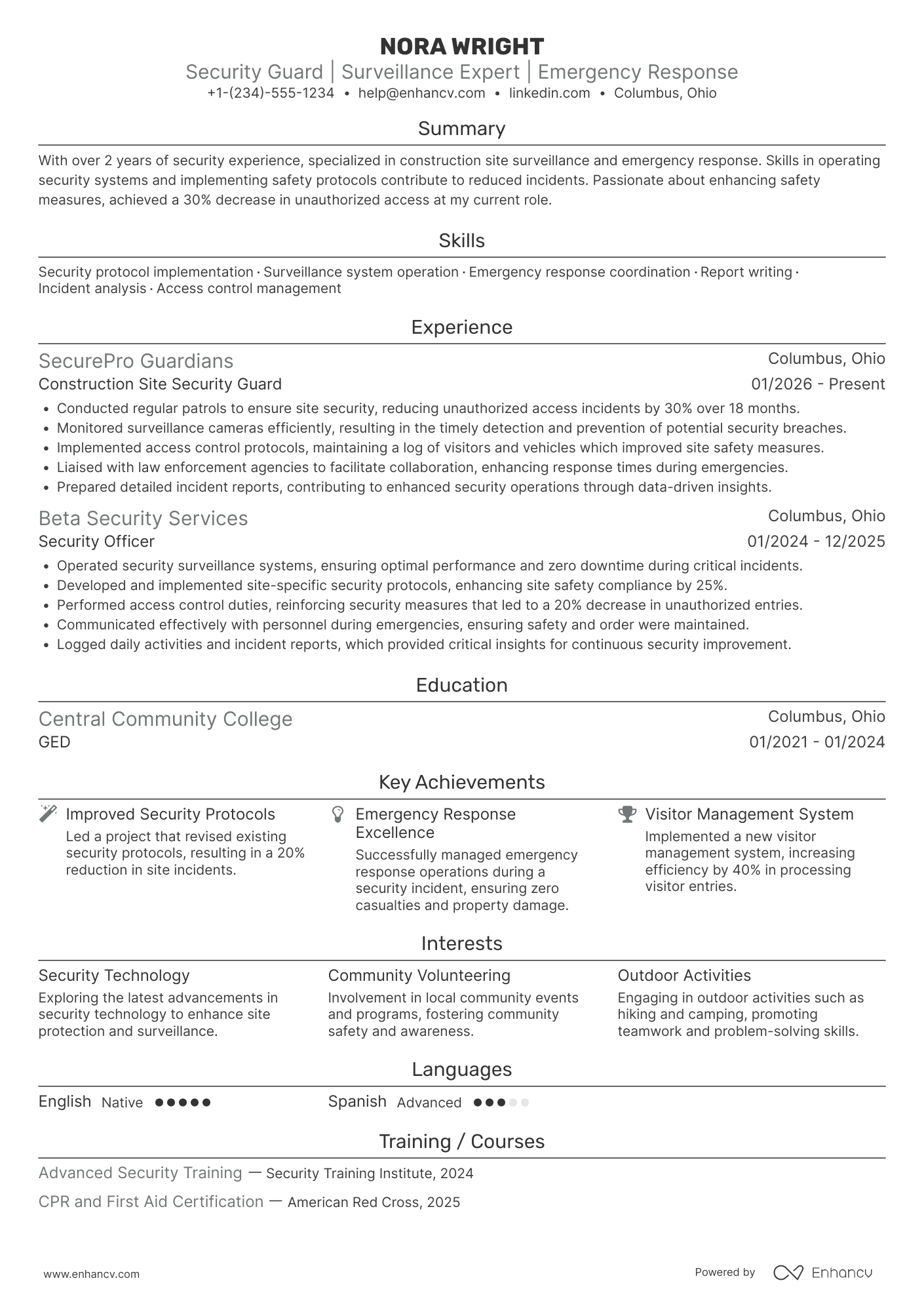Construction Site Security Guard Resume Example