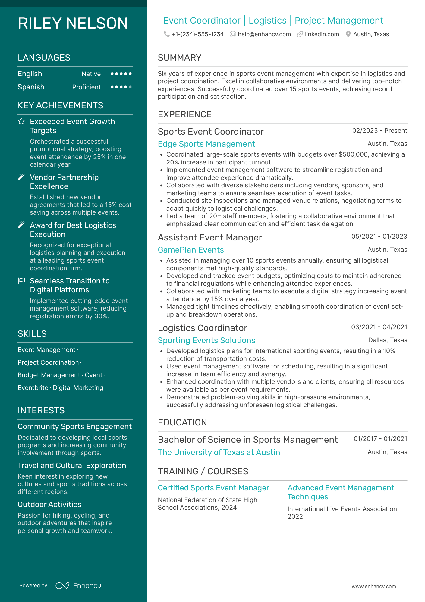 Sports Event Coordinator Resume Example