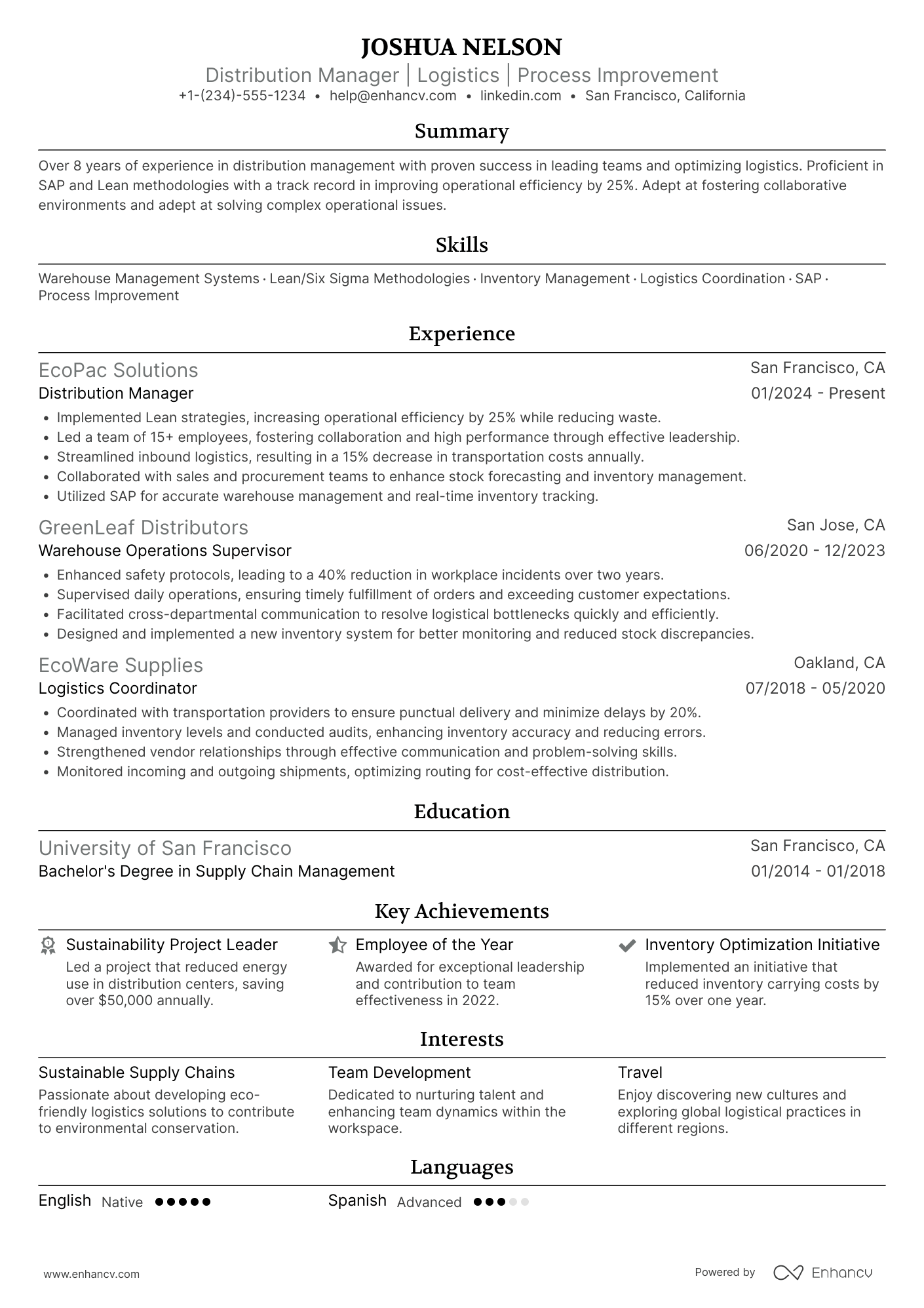 Distribution Manager Resume Example