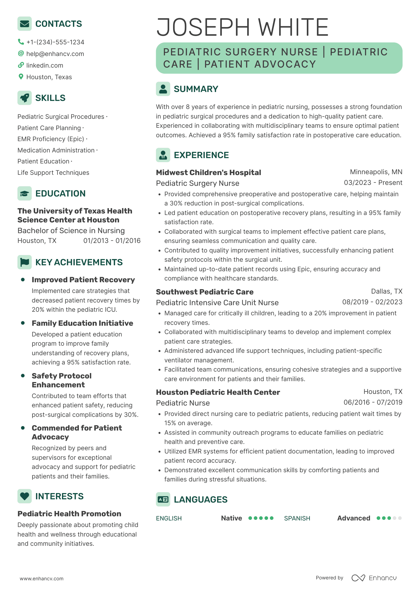 Pediatric Surgery Nurse Resume Example