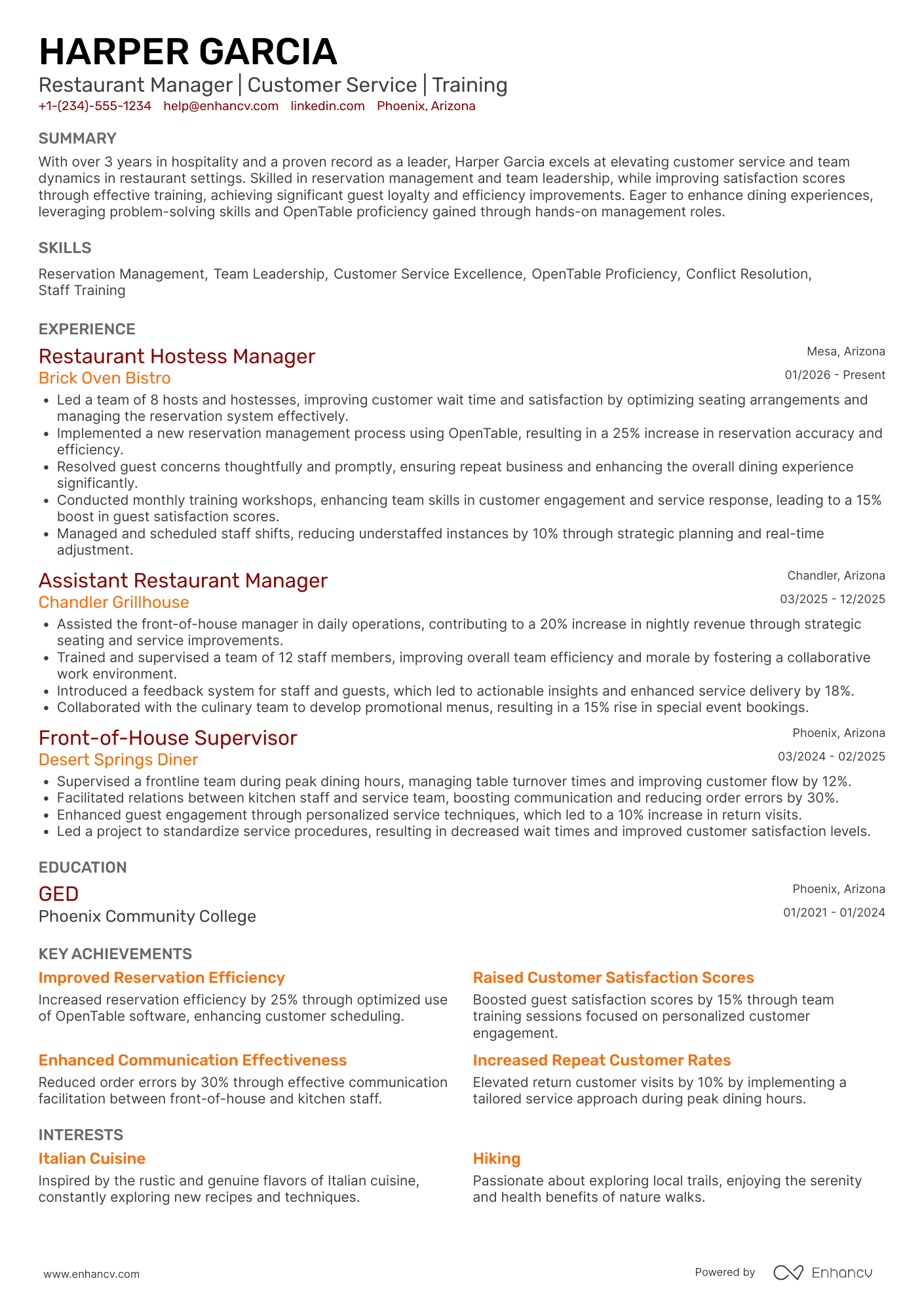 Restaurant Hostess Manager Resume Example