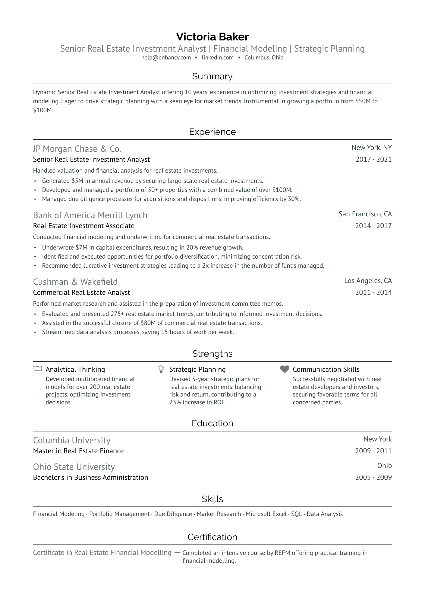 Real Estate Investment Banking Resume Example