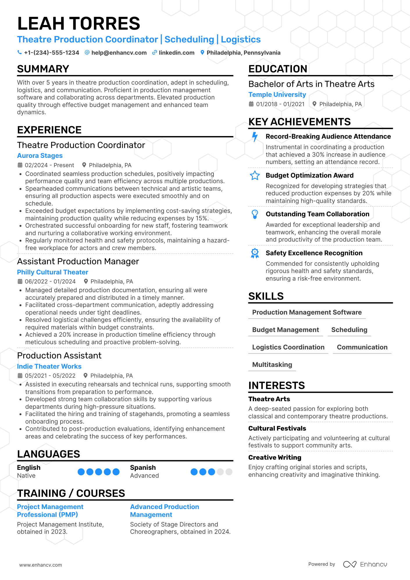 Theatre Production Coordinator Resume Example