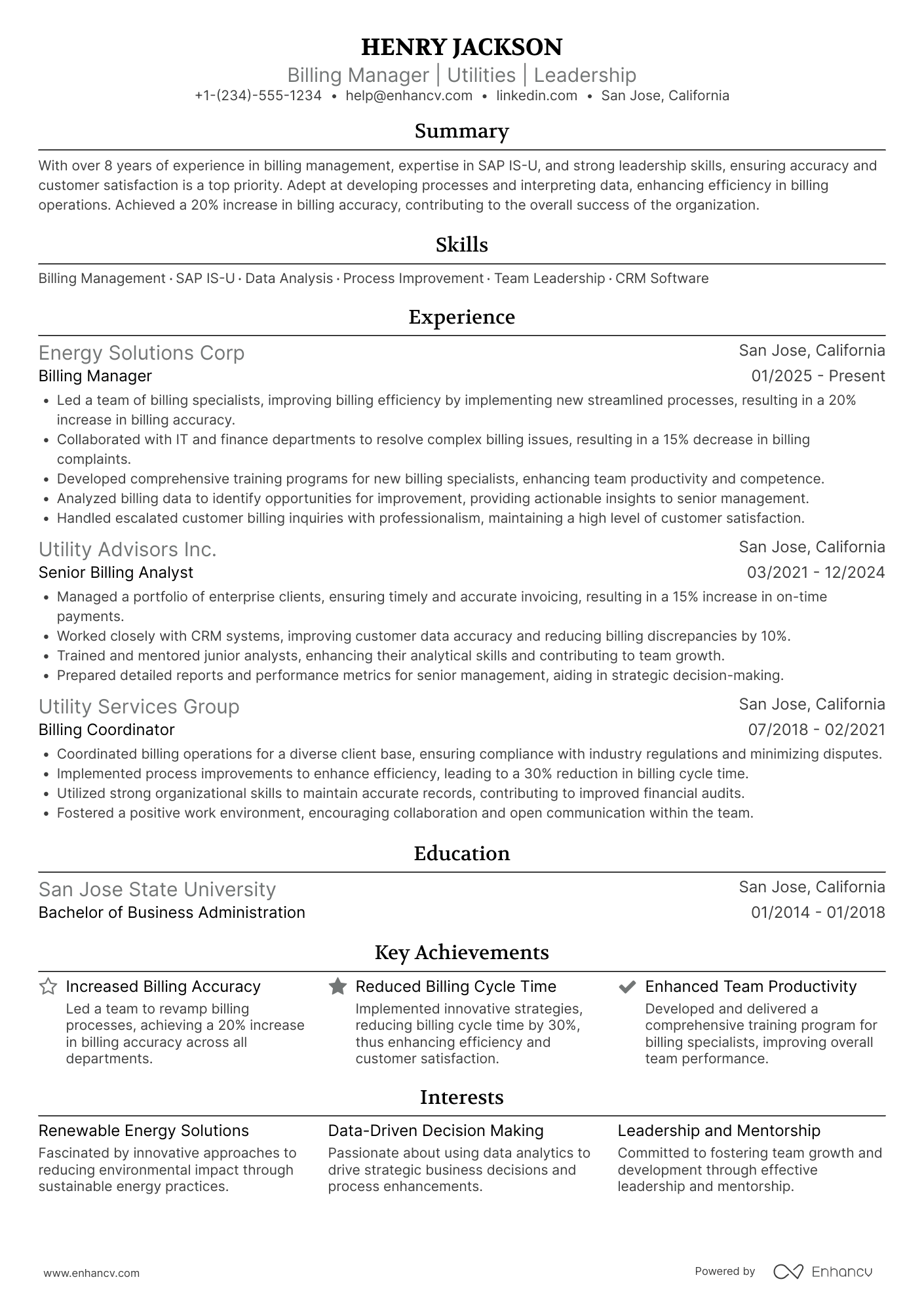 Utilities Billing Manager Resume Example