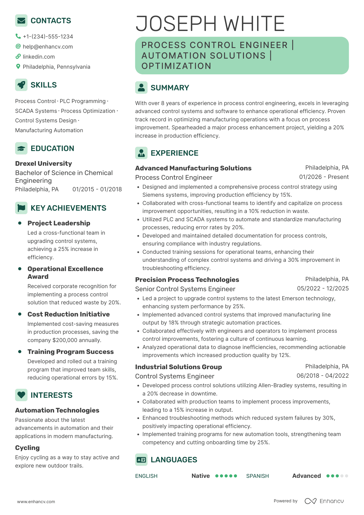 Process Control Engineer Resume Example