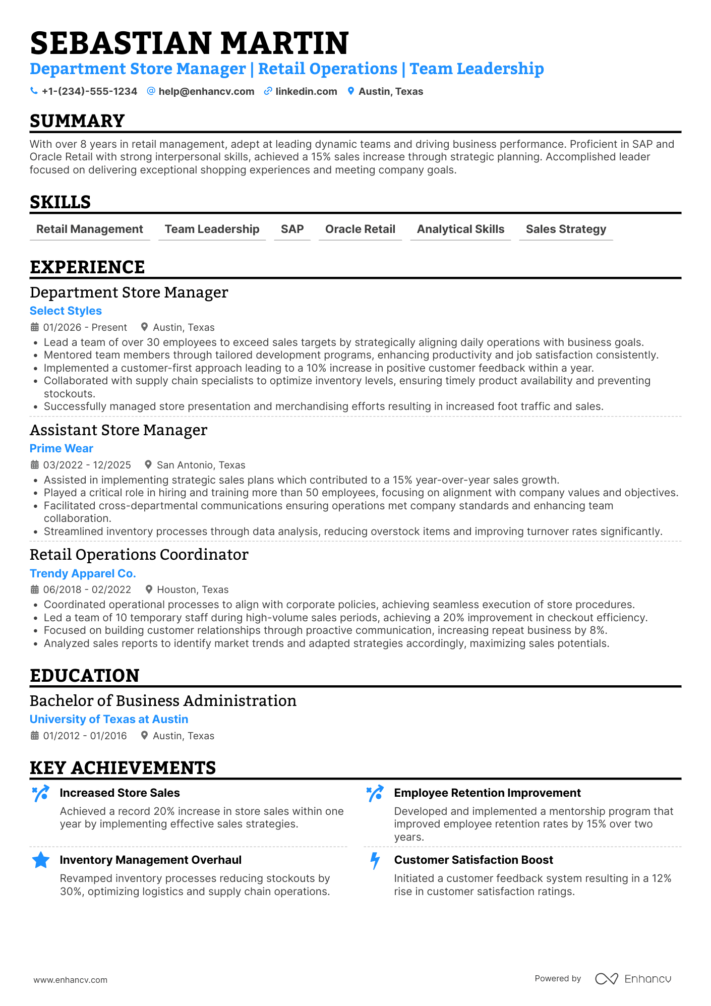 Department Store Manager Resume Example