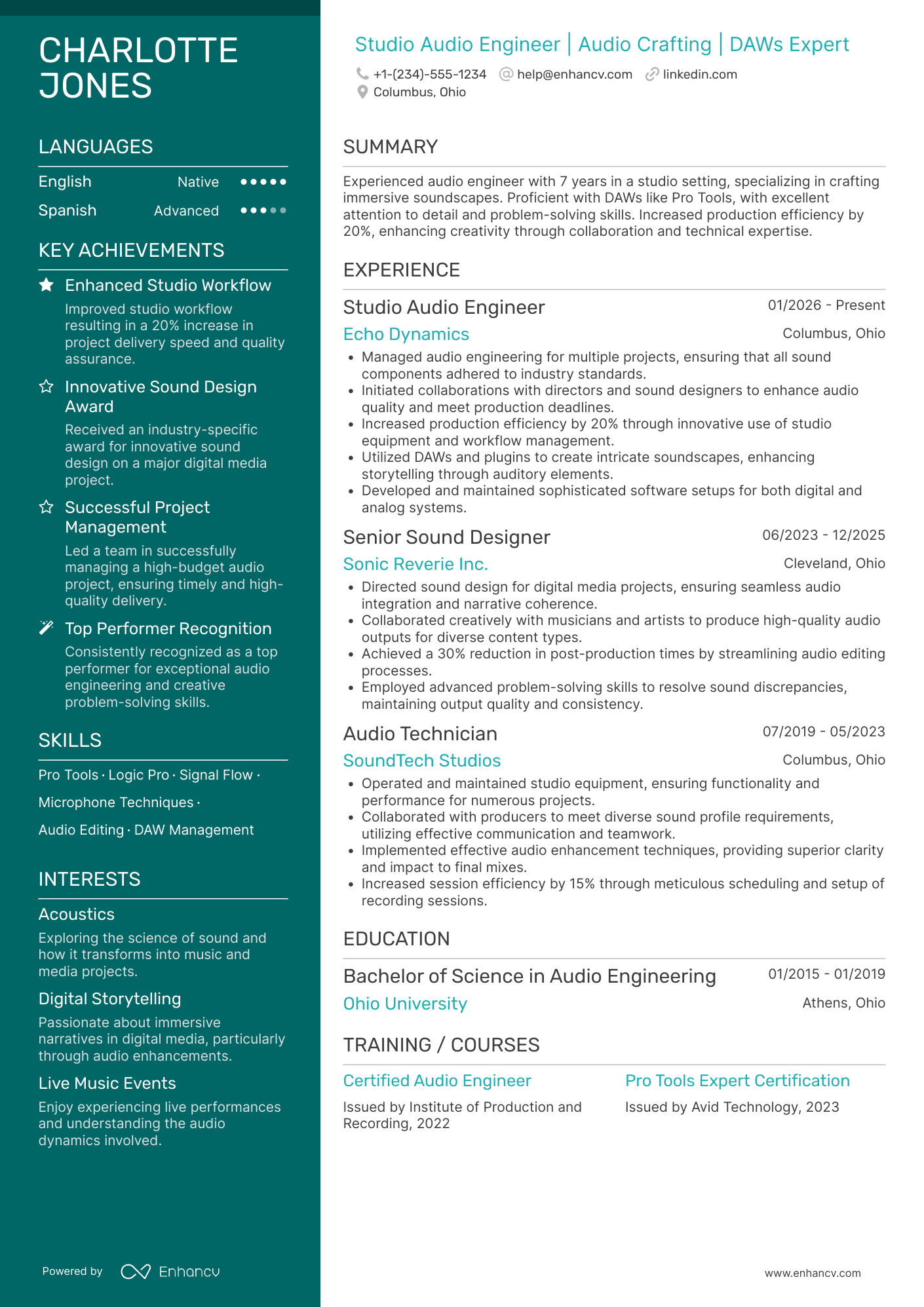 Studio Audio Engineer Resume Example