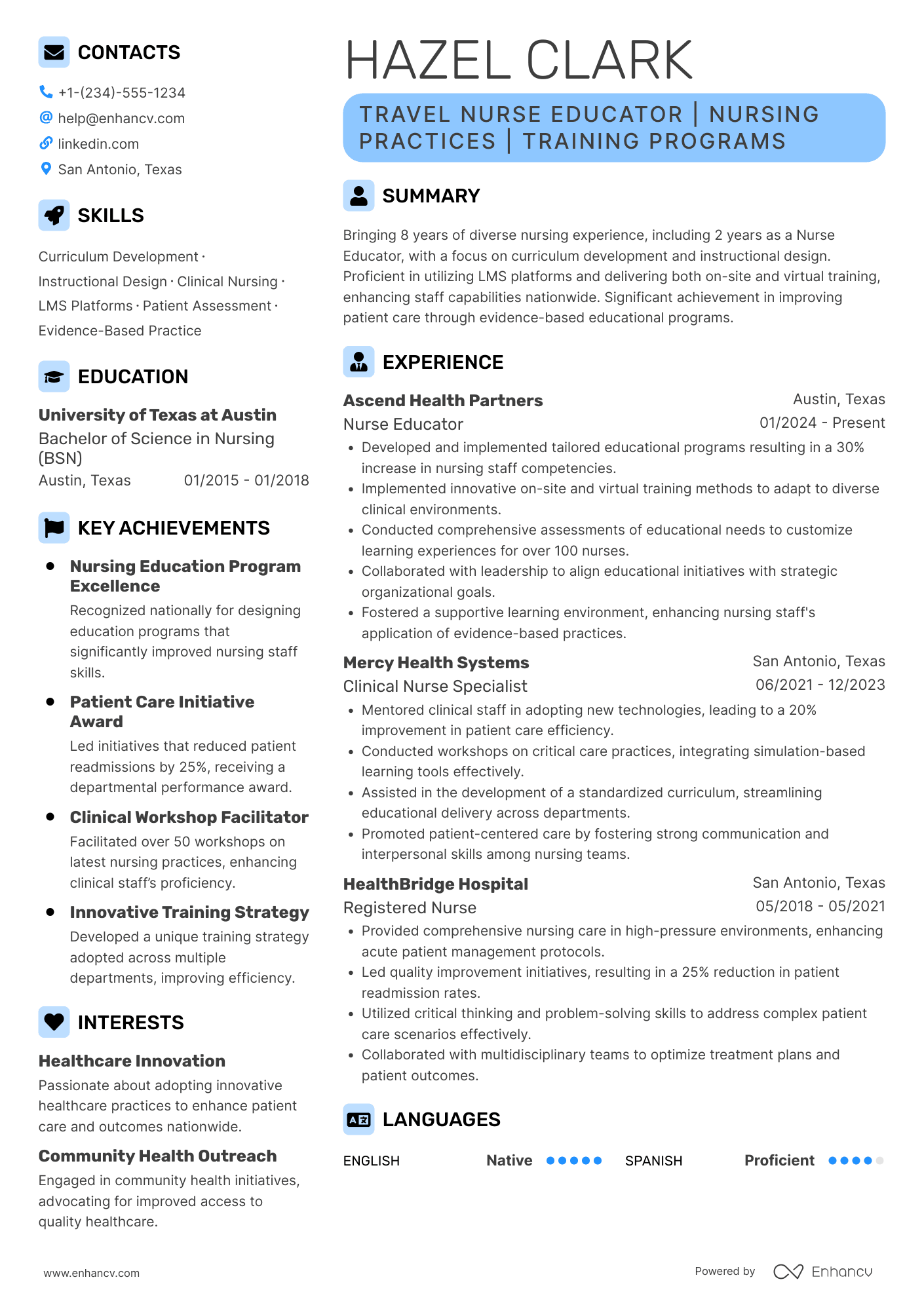 Travel Nurse Educator Resume Example