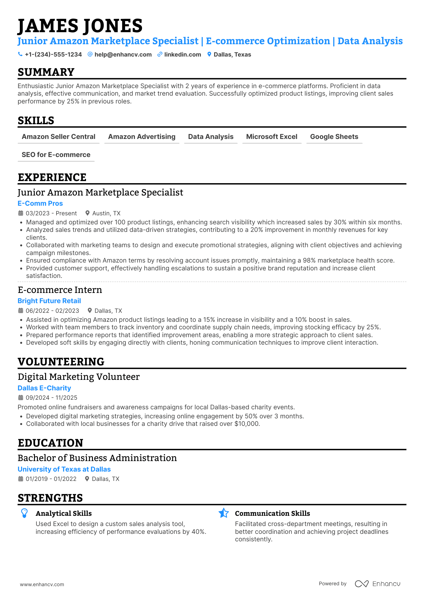 Junior Amazon Marketplace Specialist Resume Example