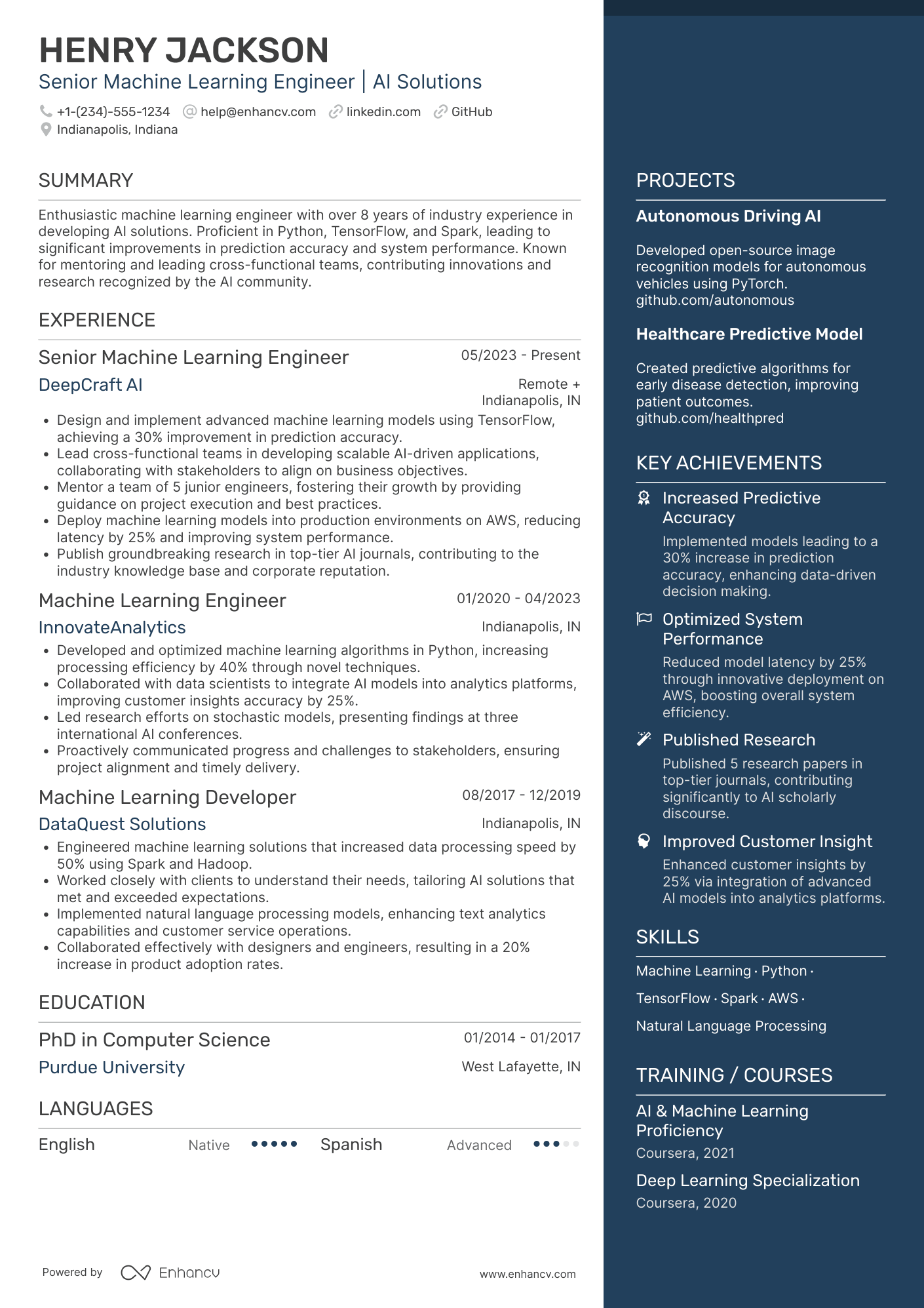 Senior PhD Machine Learning Engineer Resume Example