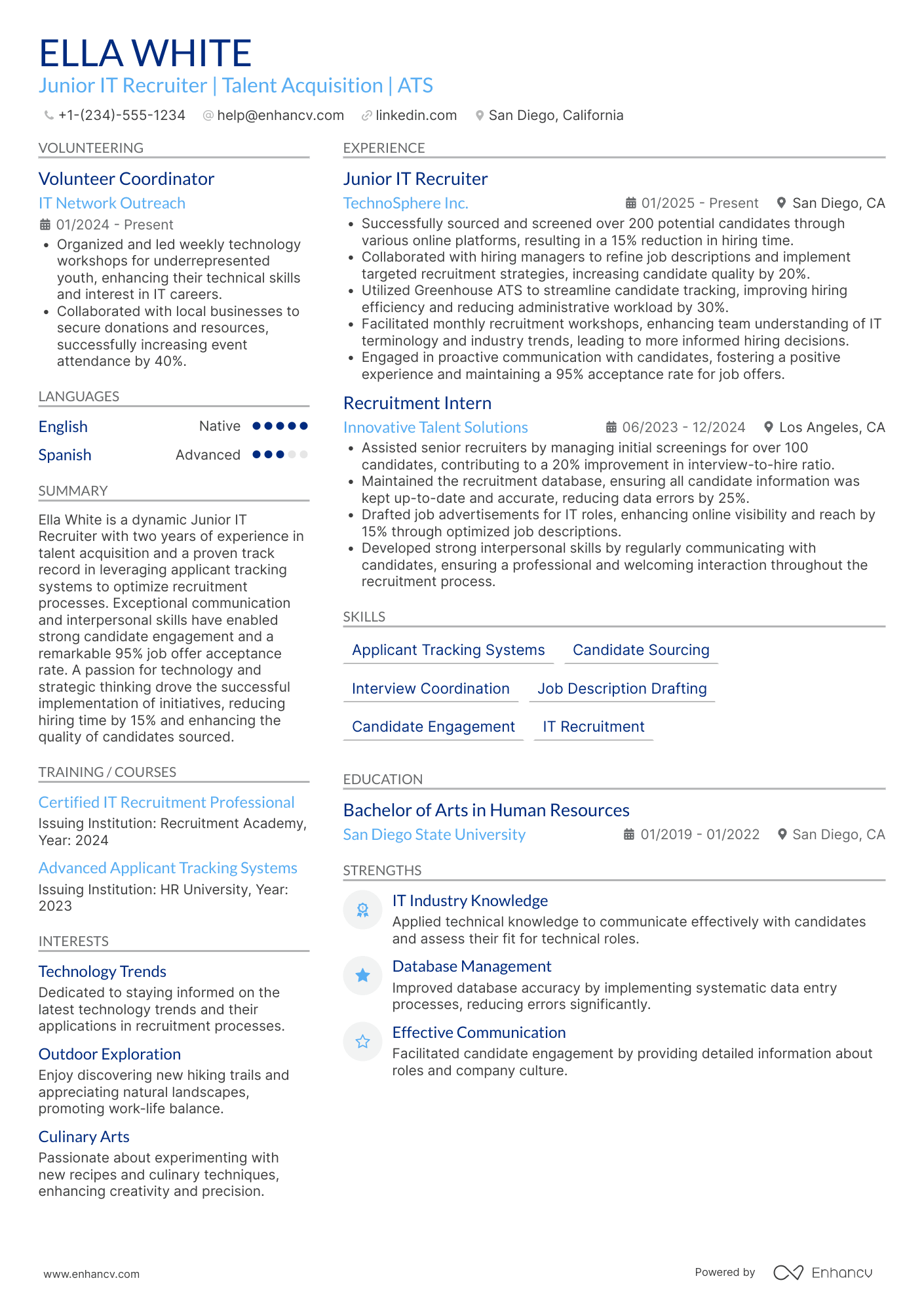 Junior IT Recruiter Resume Example