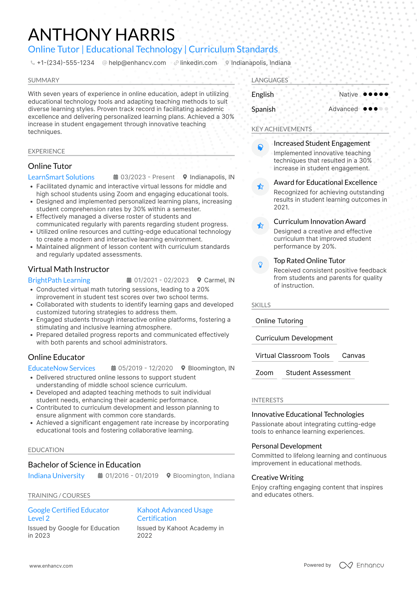 Online Tutor Resume Example