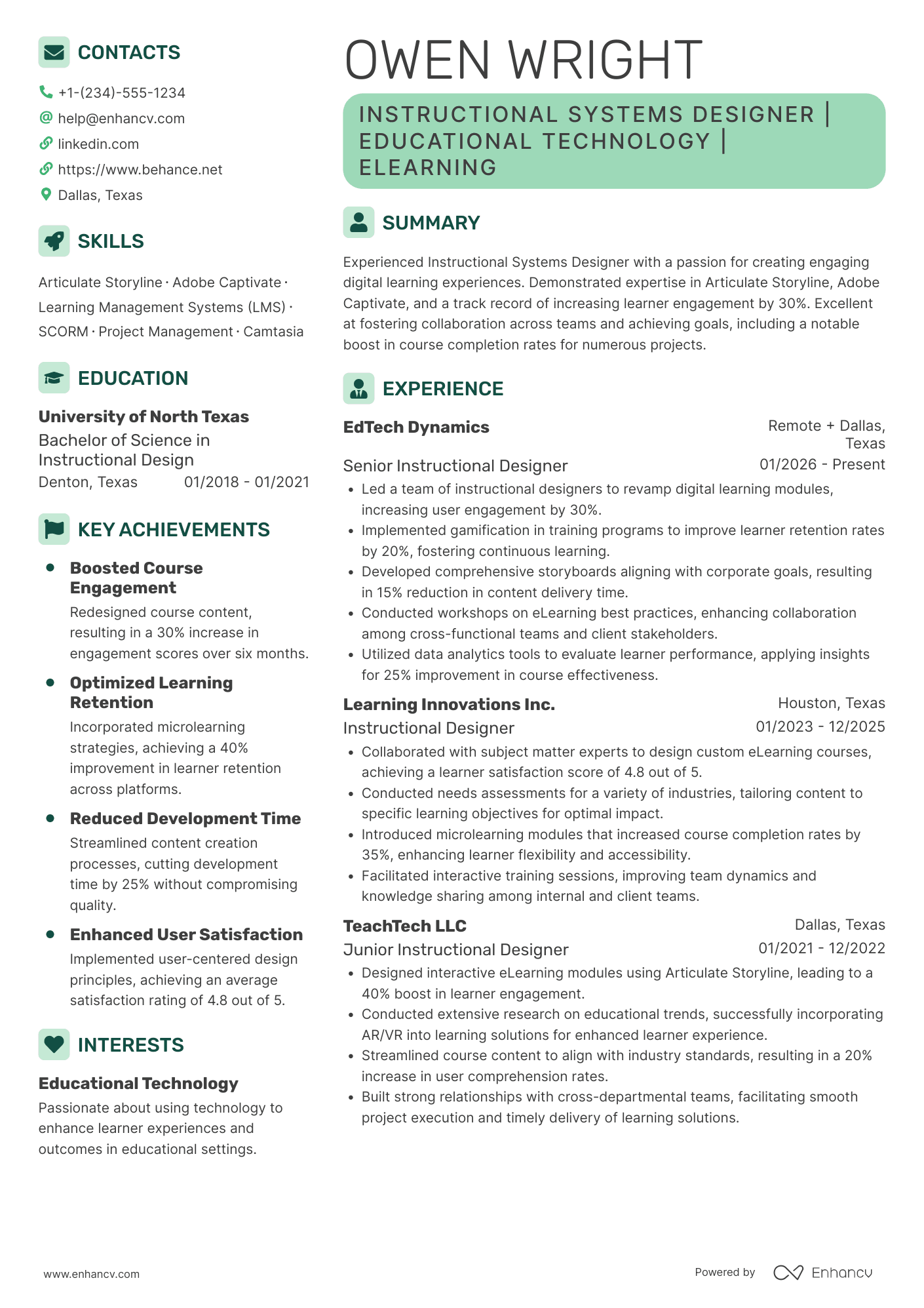 Instructional Systems Designer Resume Example