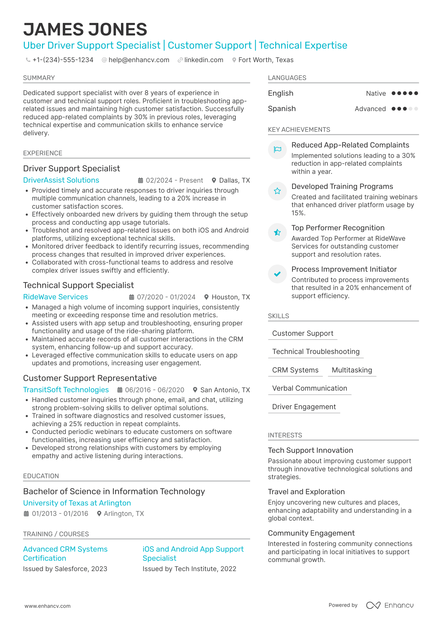 Uber Driver Support Specialist Resume Example