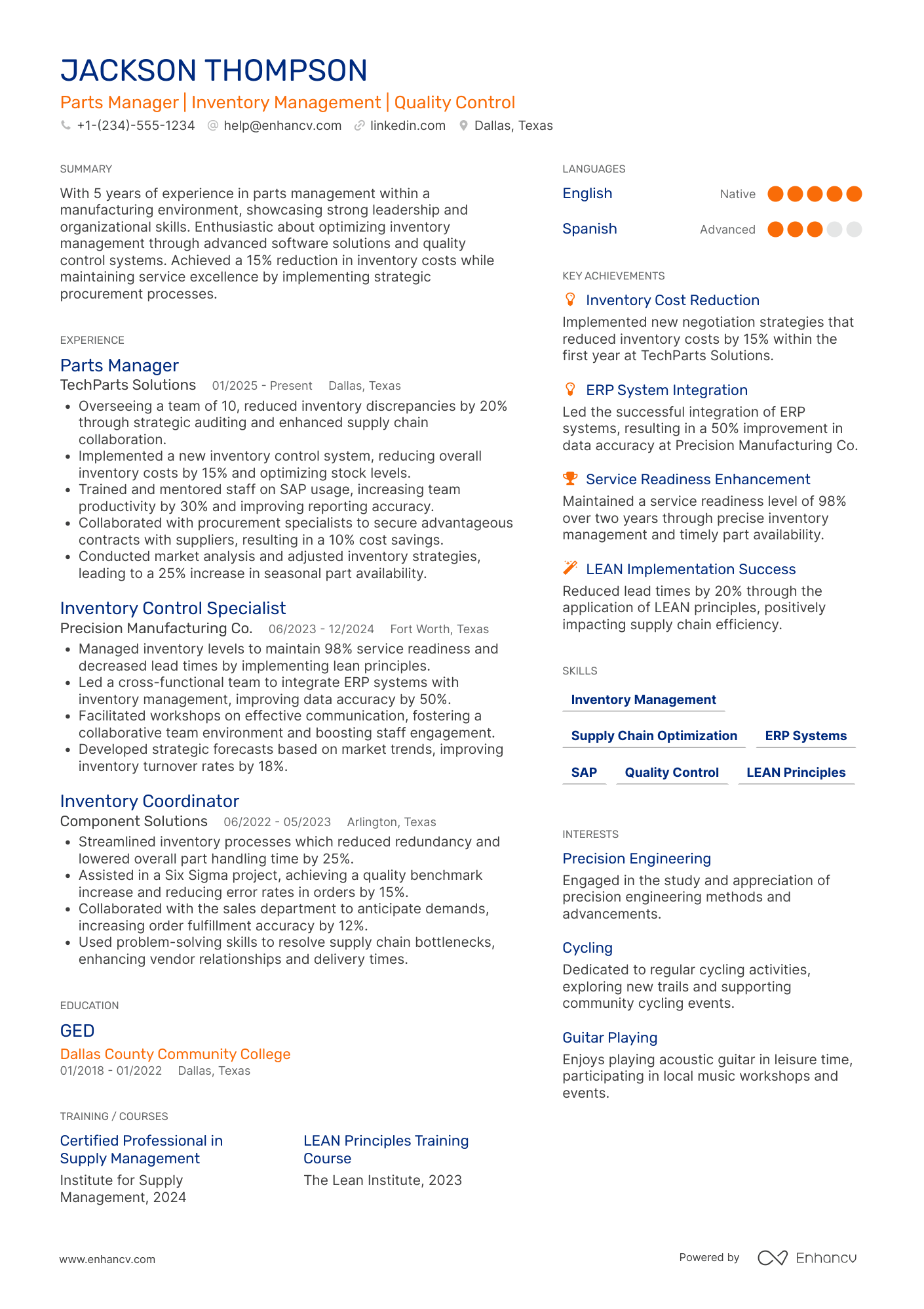 Parts Manager Resume Example