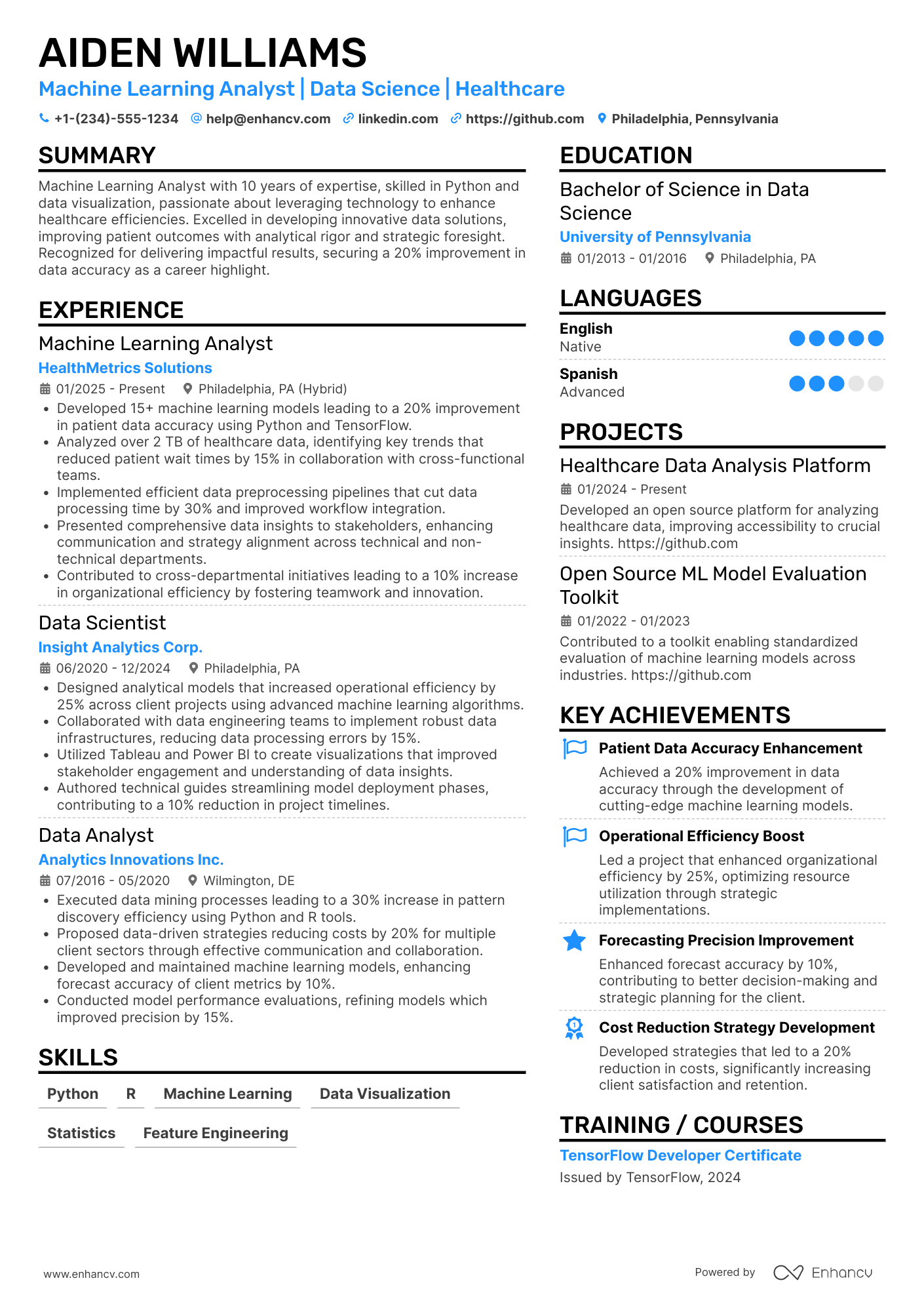 Machine Learning Analyst Resume Example