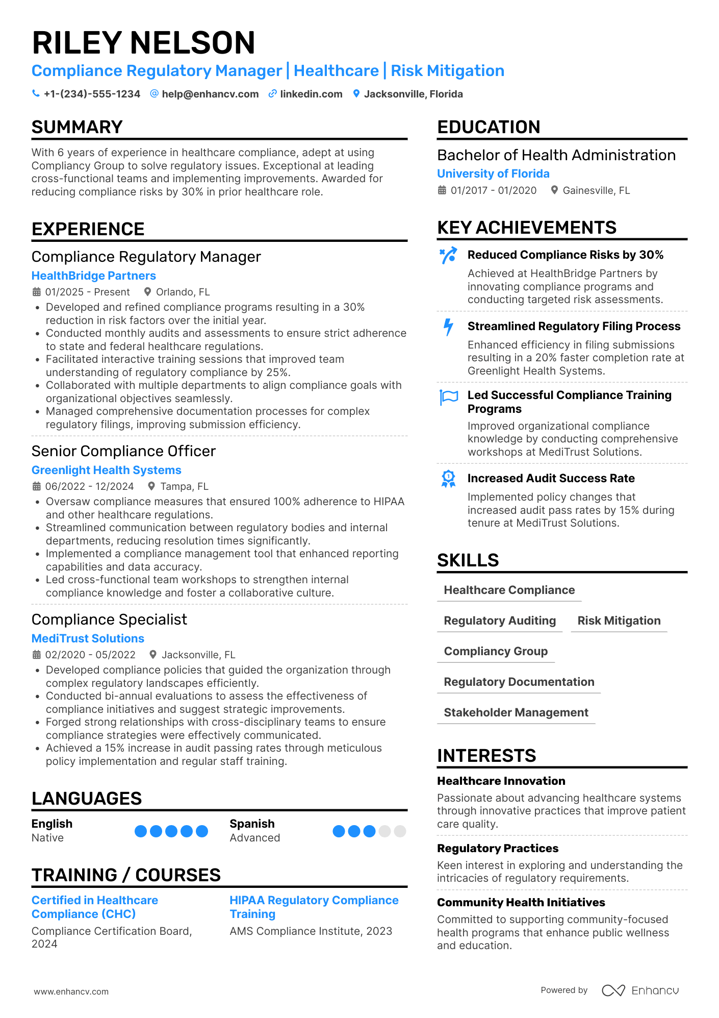 Compliance Regulatory Manager Resume Example