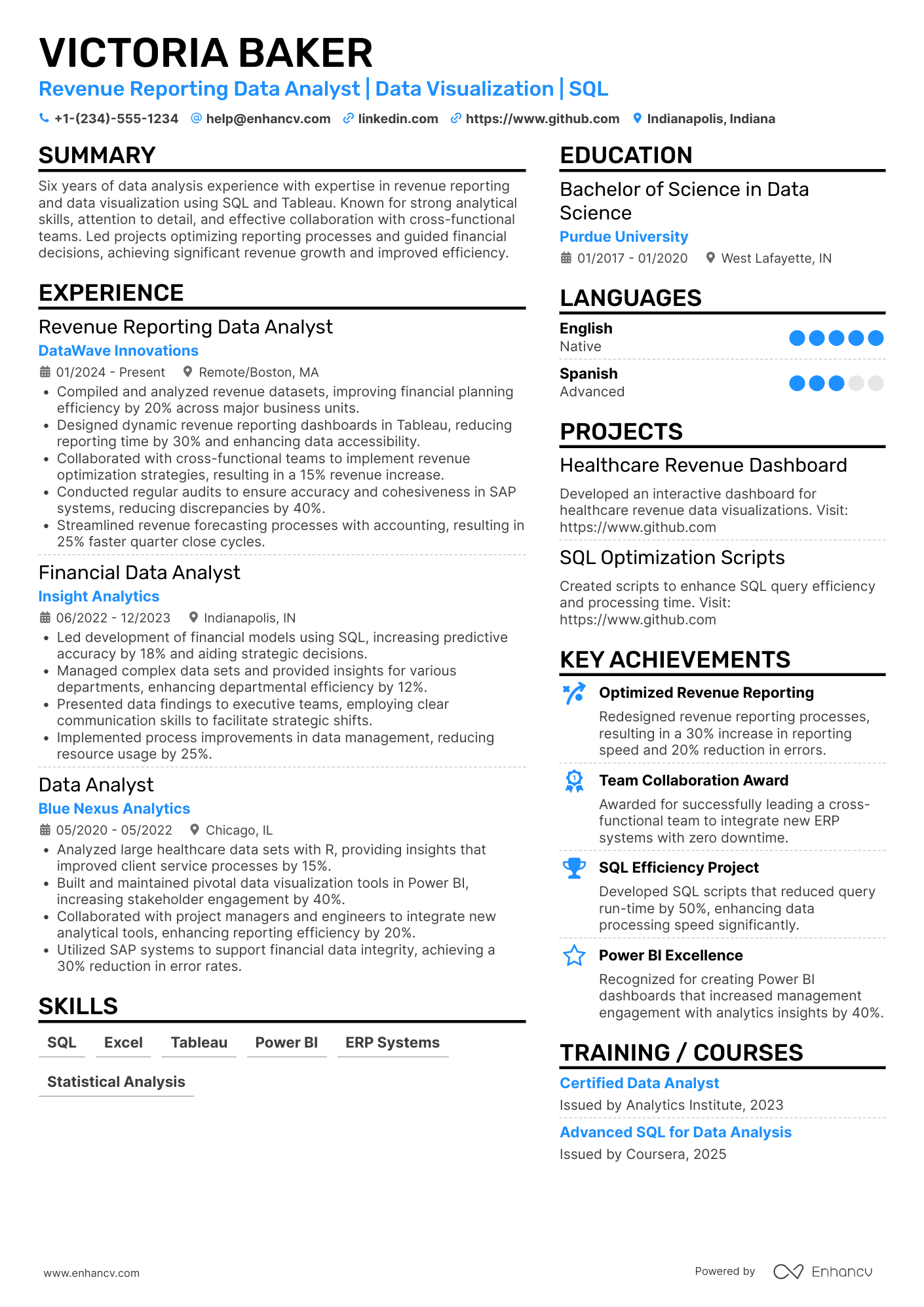 Revenue Reporting Data Analyst Resume Example