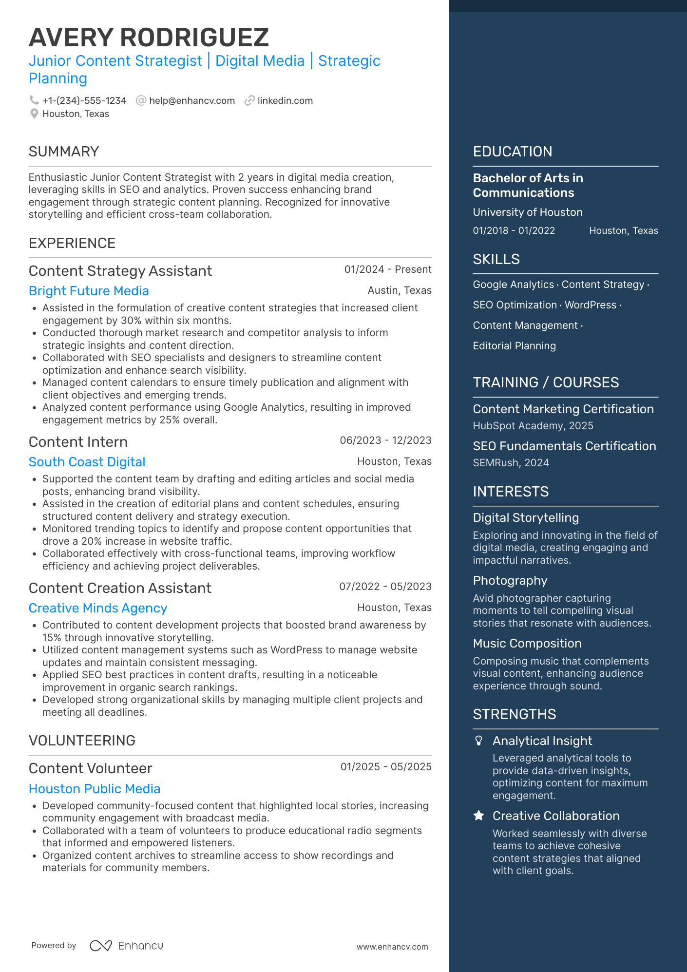 Junior Content Strategist Resume Example