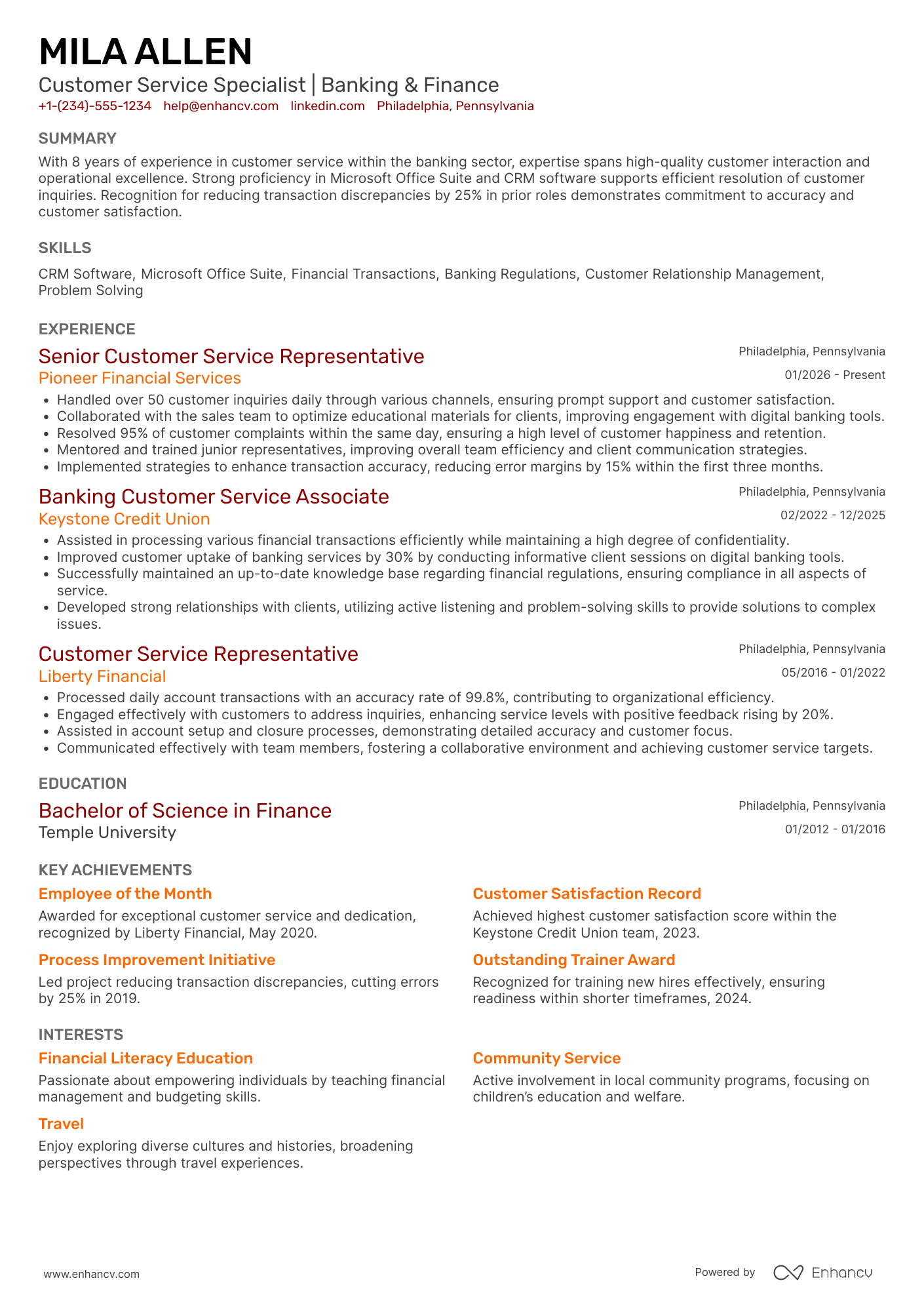 Banking Customer Service Representative Resume Example
