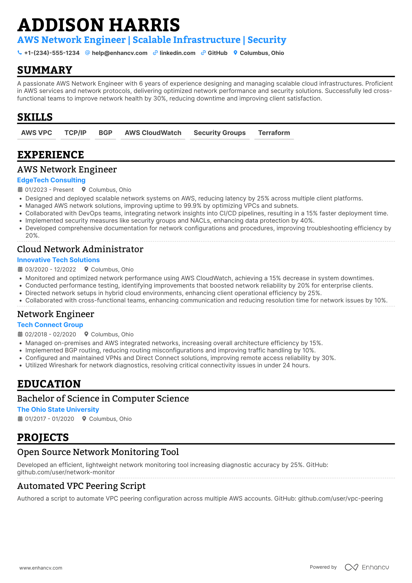 AWS Network Engineer Resume Example
