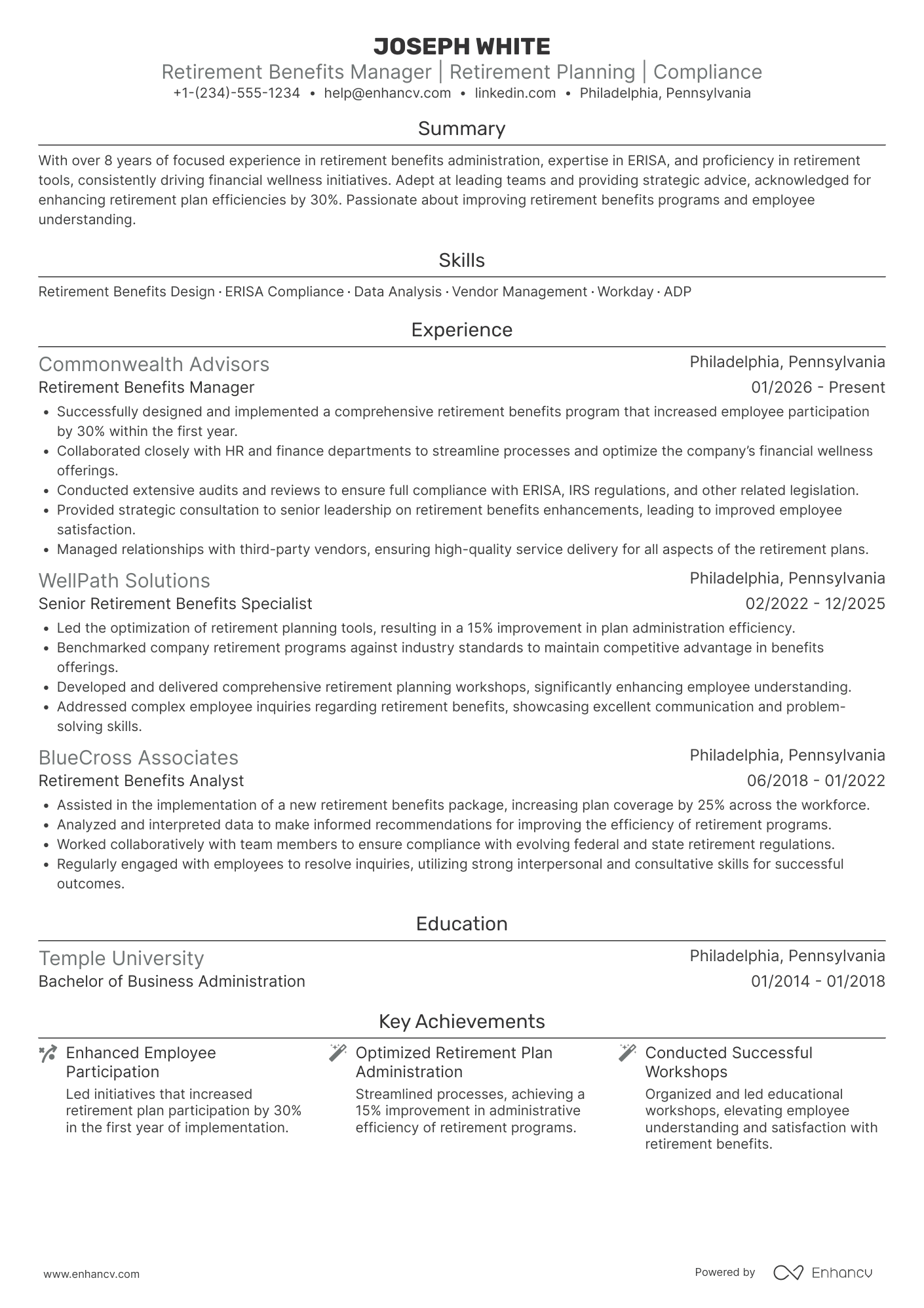 Retirement Benefits Manager Resume Example