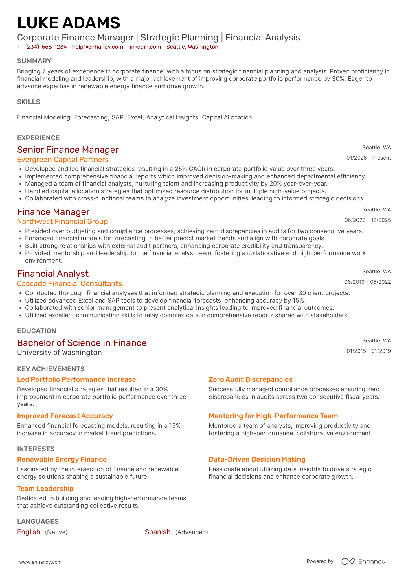 Corporate Finance Manager Resume Example