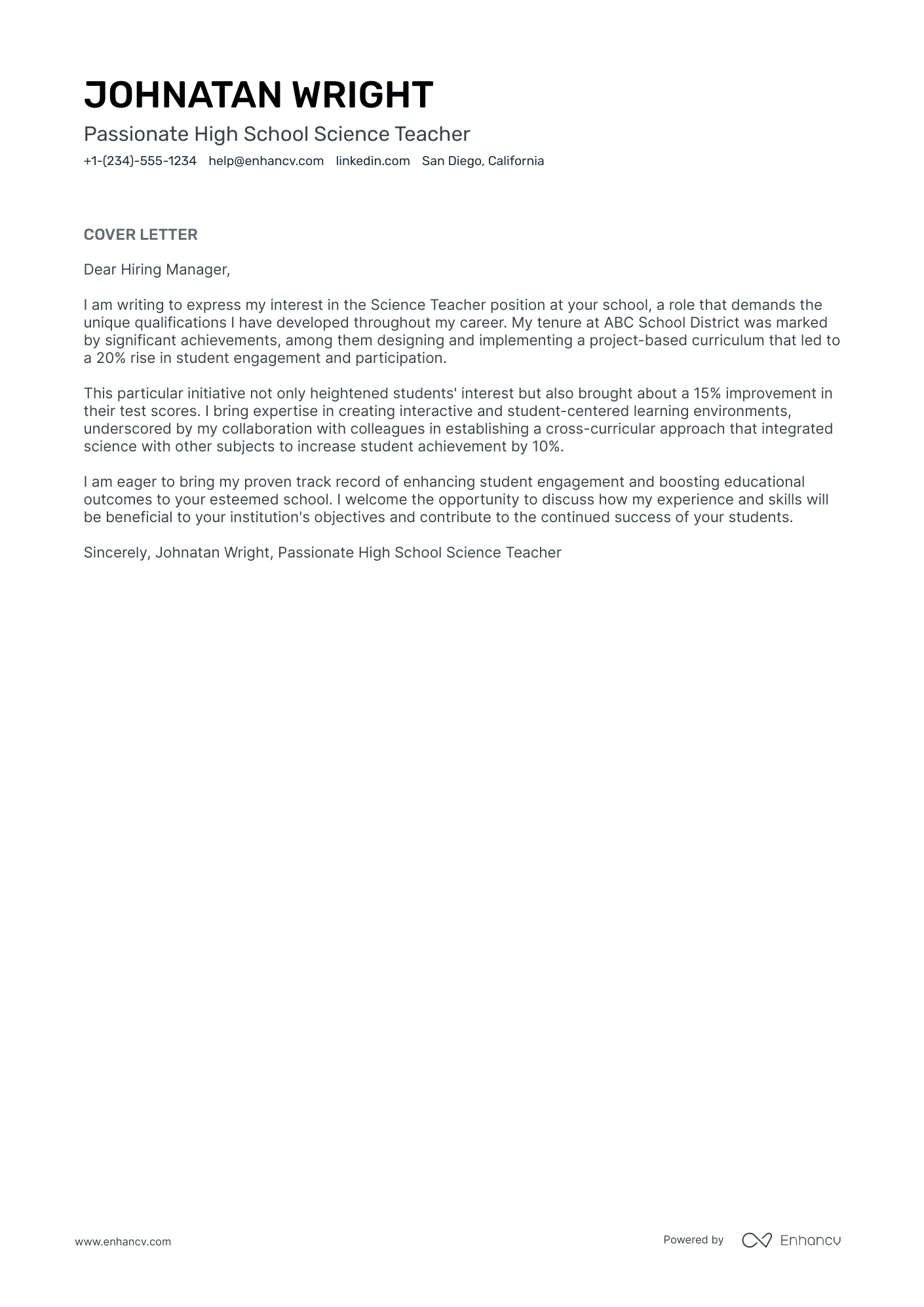 High School Science Teacher Resume Example