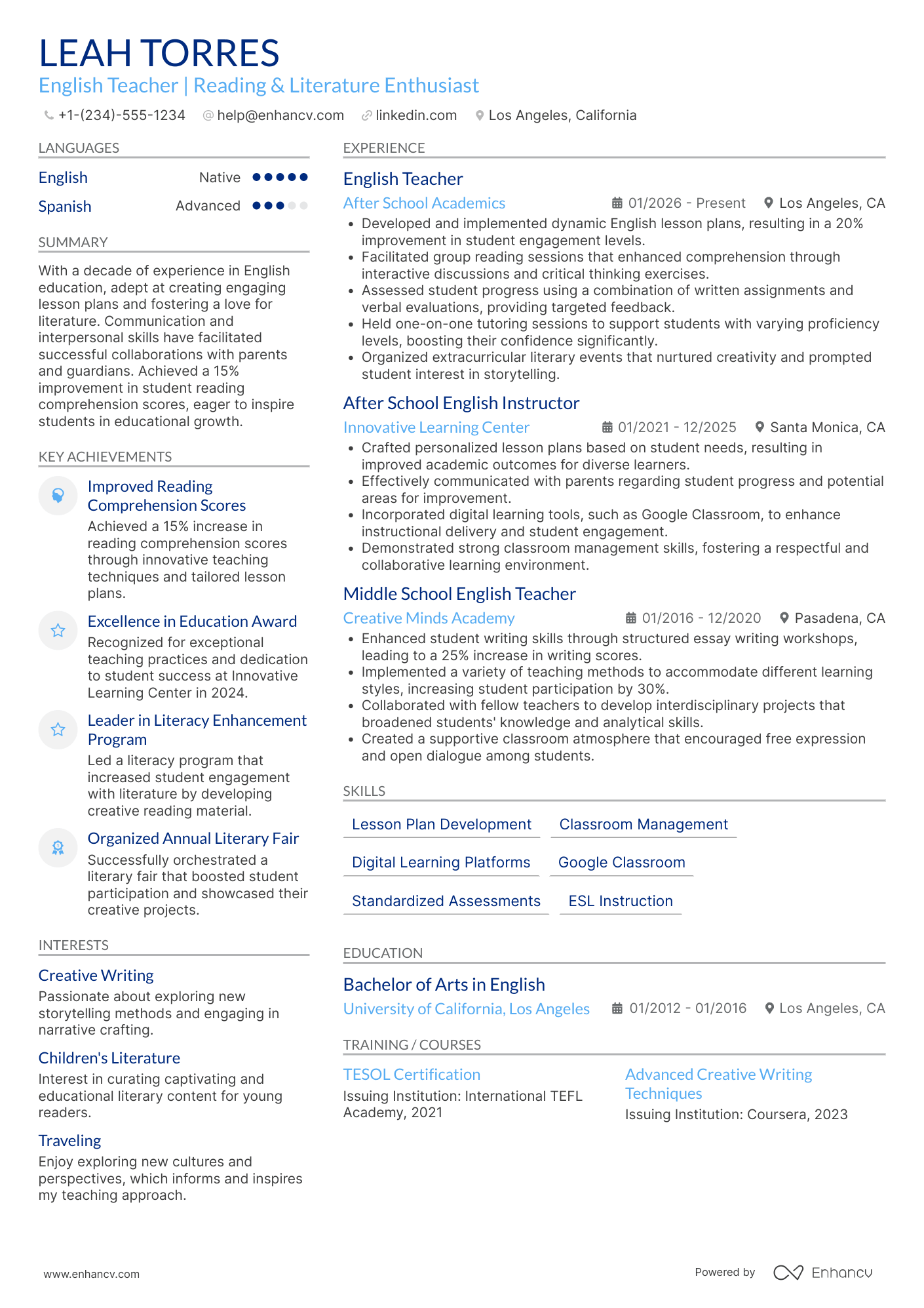 After School English Teacher Resume Example