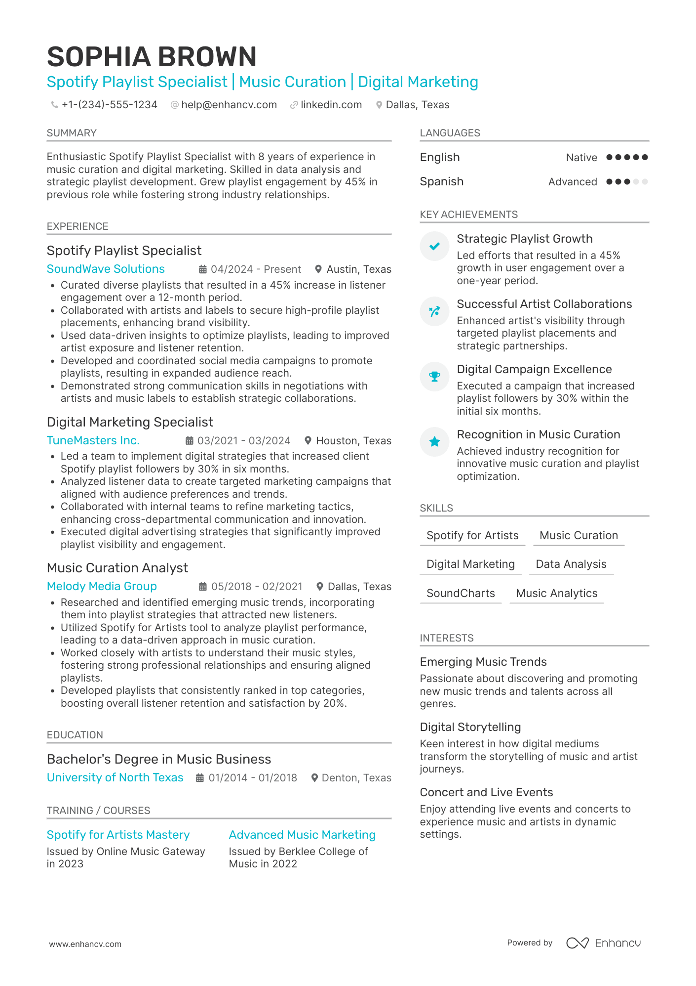 Spotify Playlist Specialist Resume Example