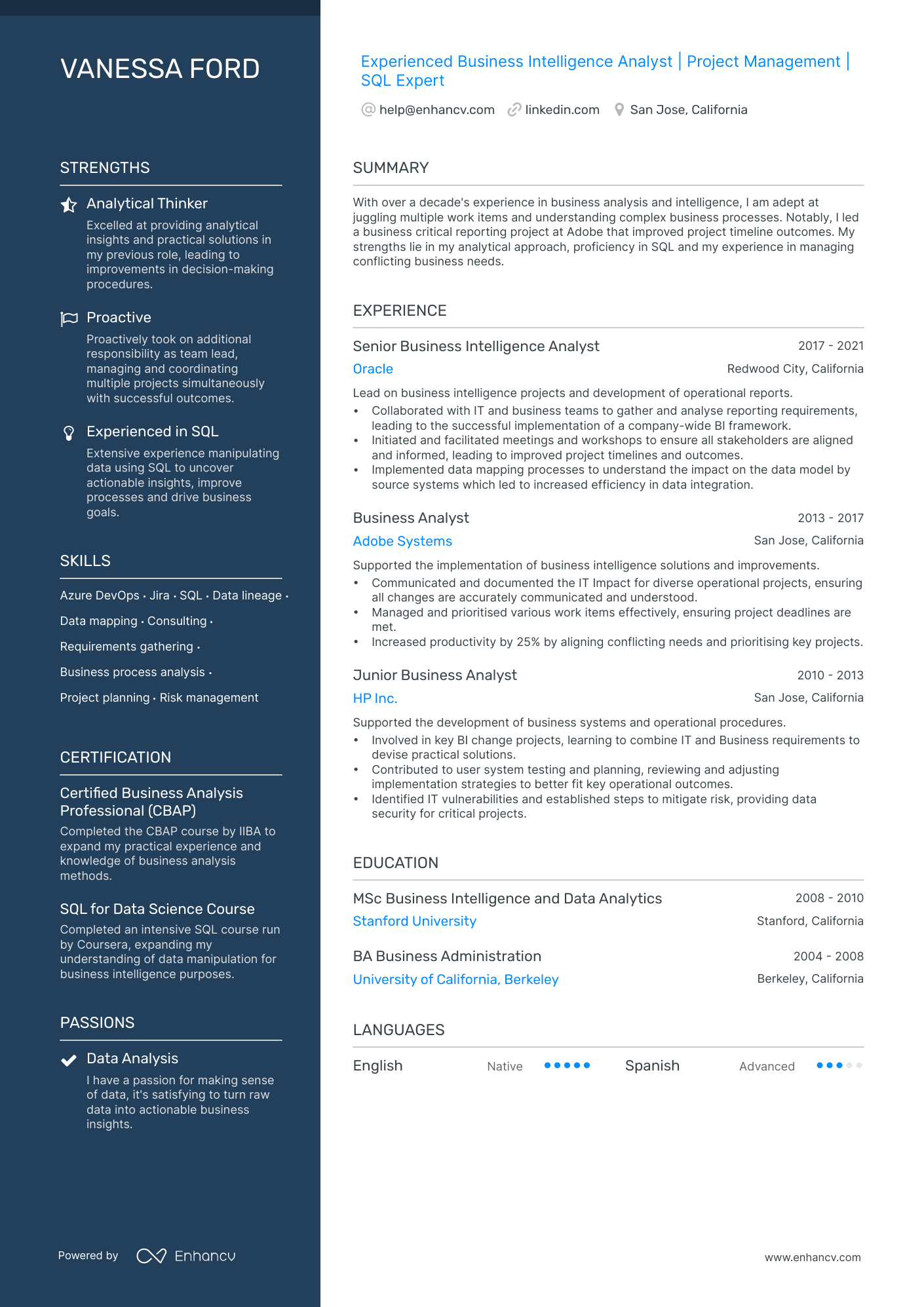 Business Intelligence Analyst Resume Example