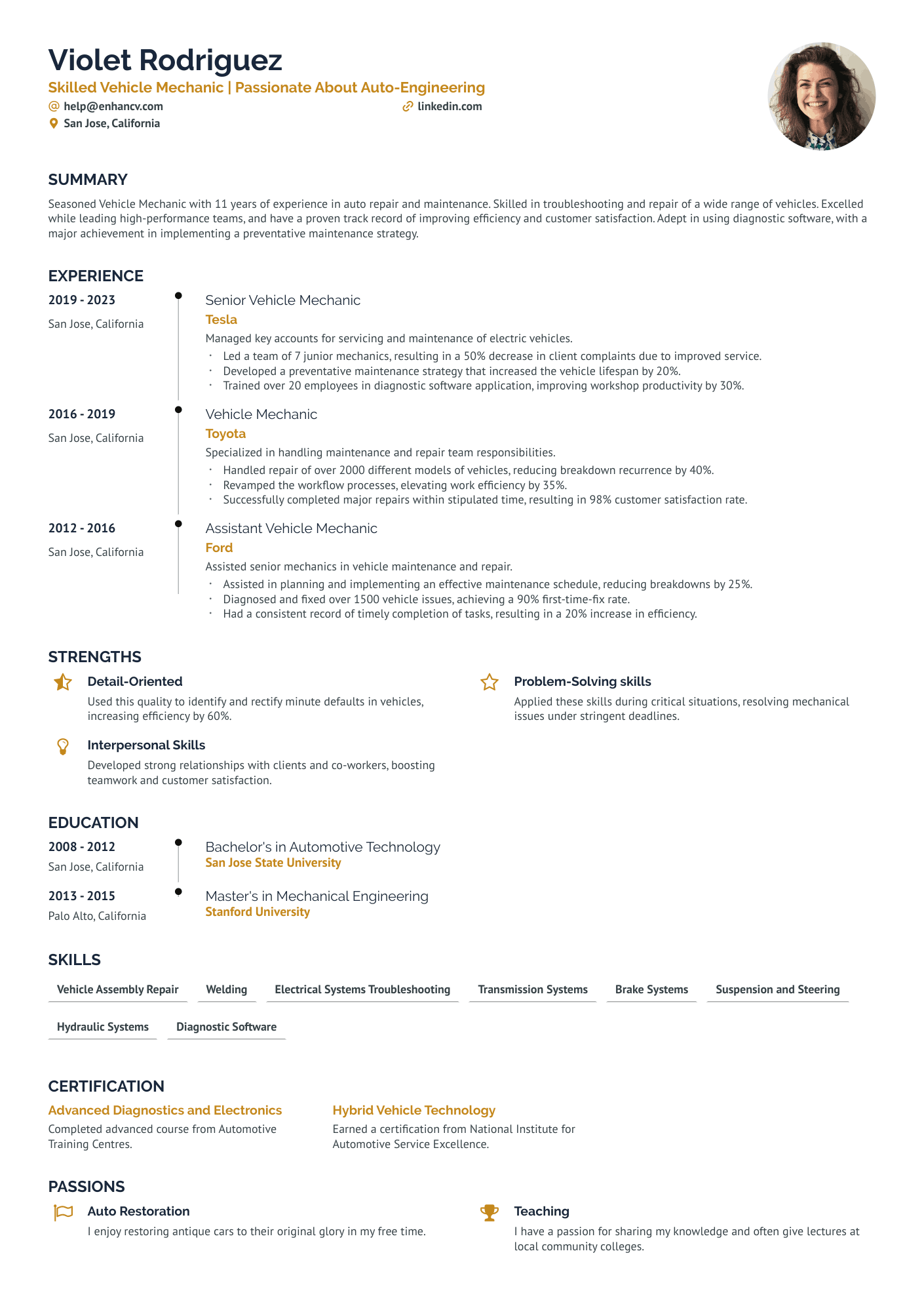 Vehicle Mechanic Resume Example