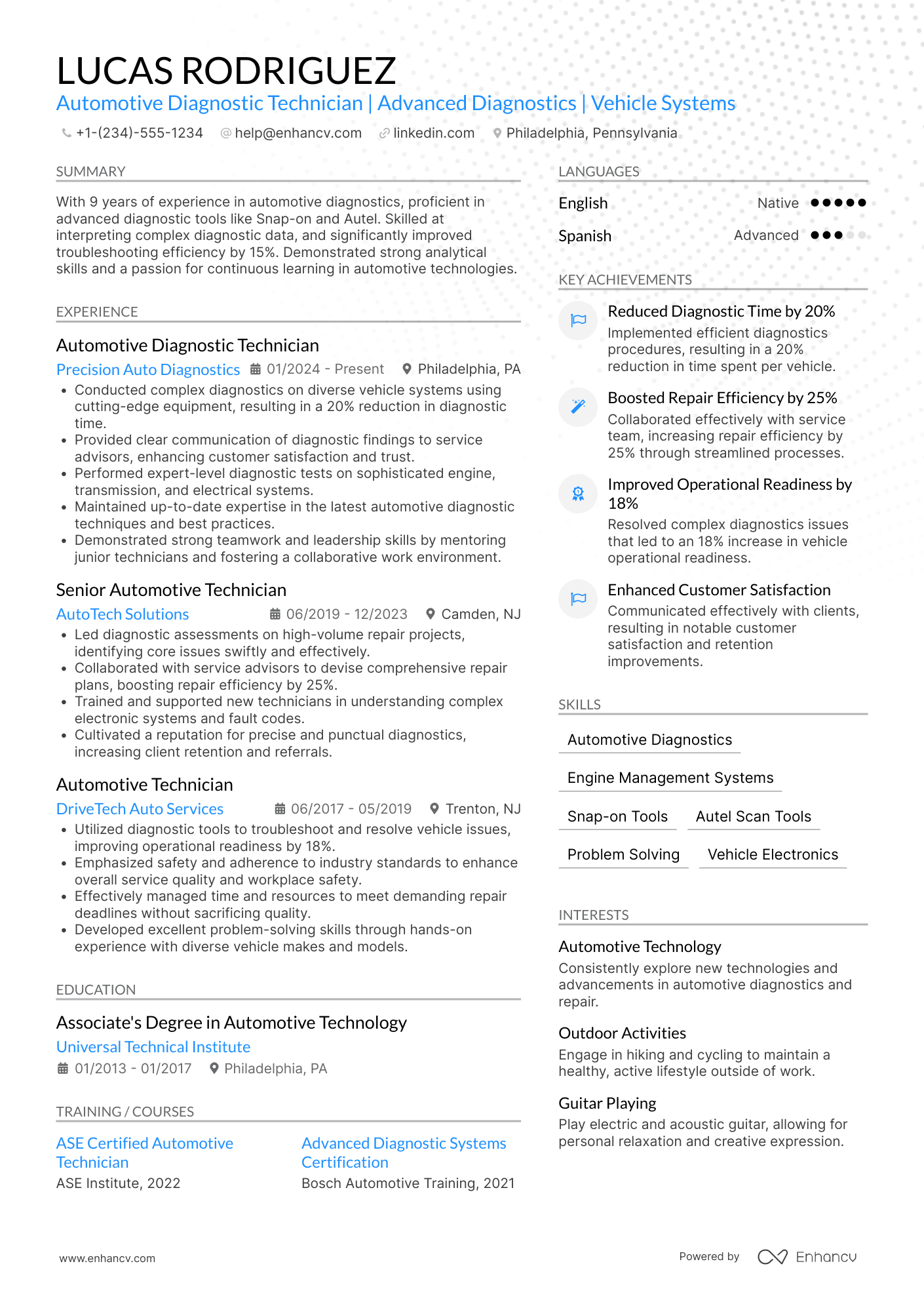 Automotive Diagnostic Technician Resume Example
