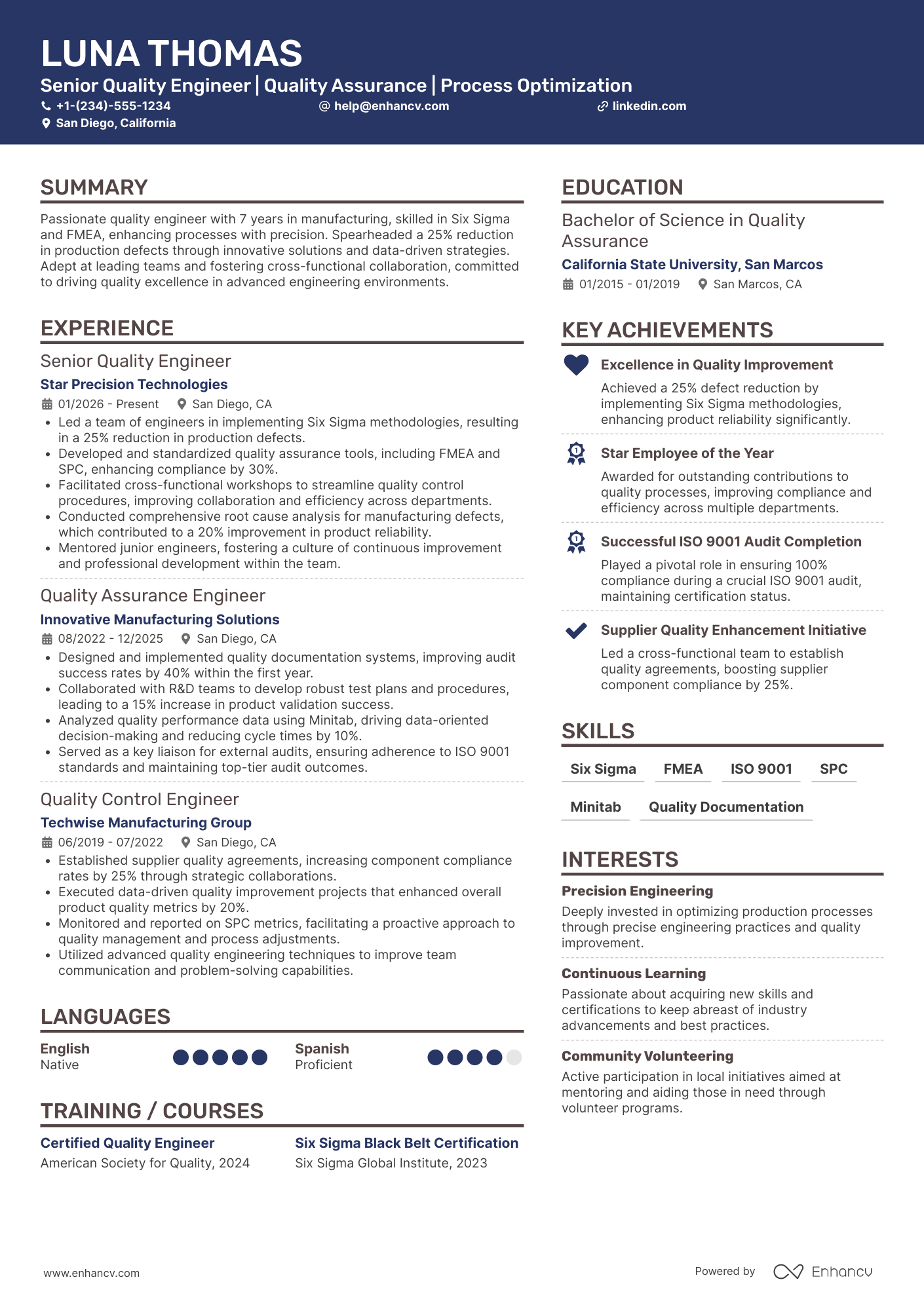 Senior Quality Engineer Resume Example