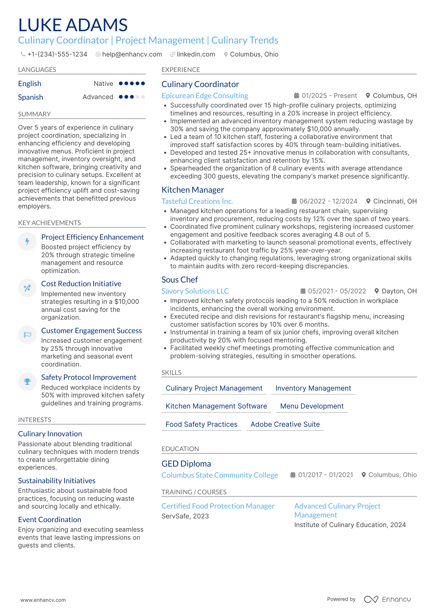 Culinary Coordinator Resume Example