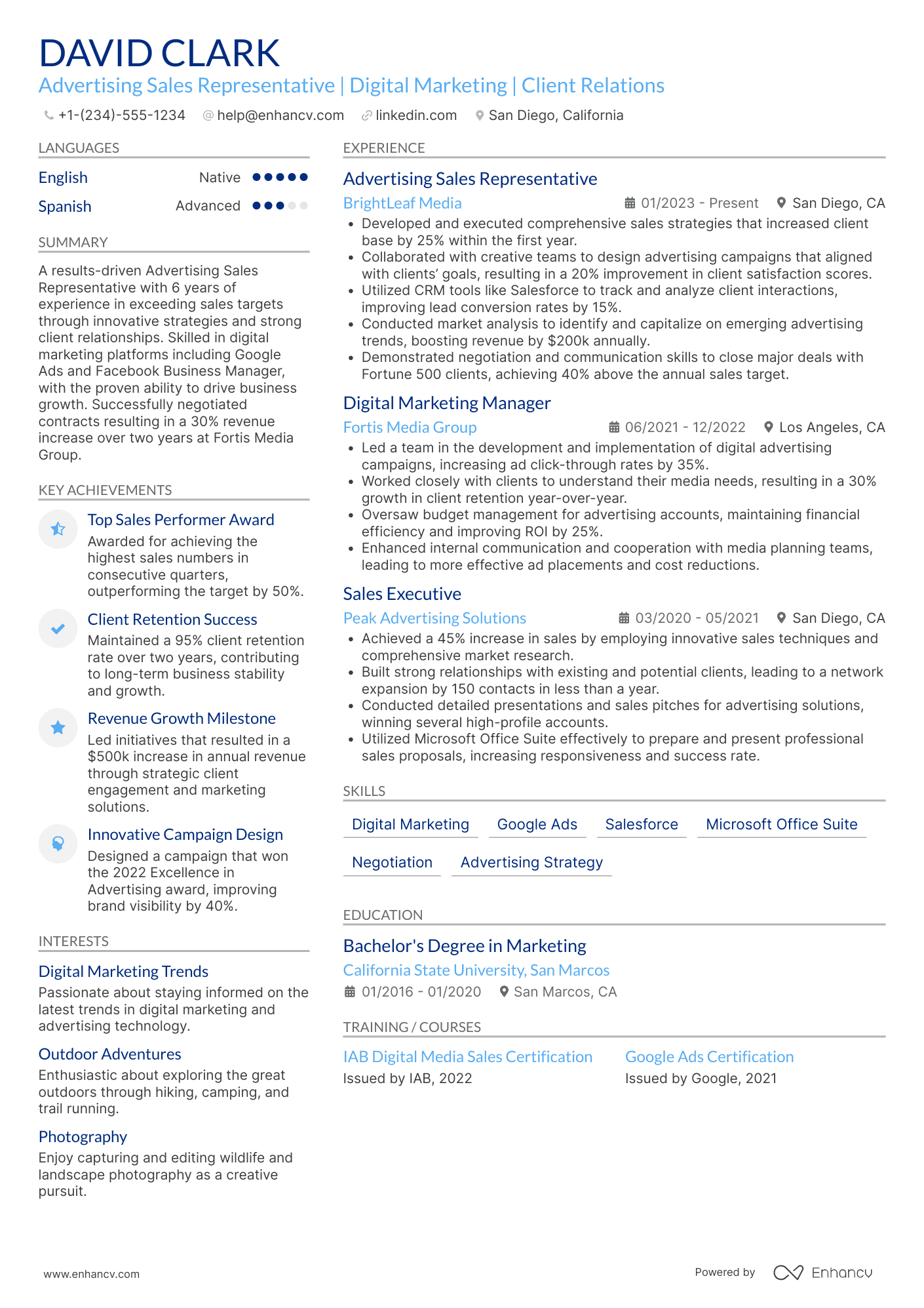 Advertising Sales Representative Resume Example