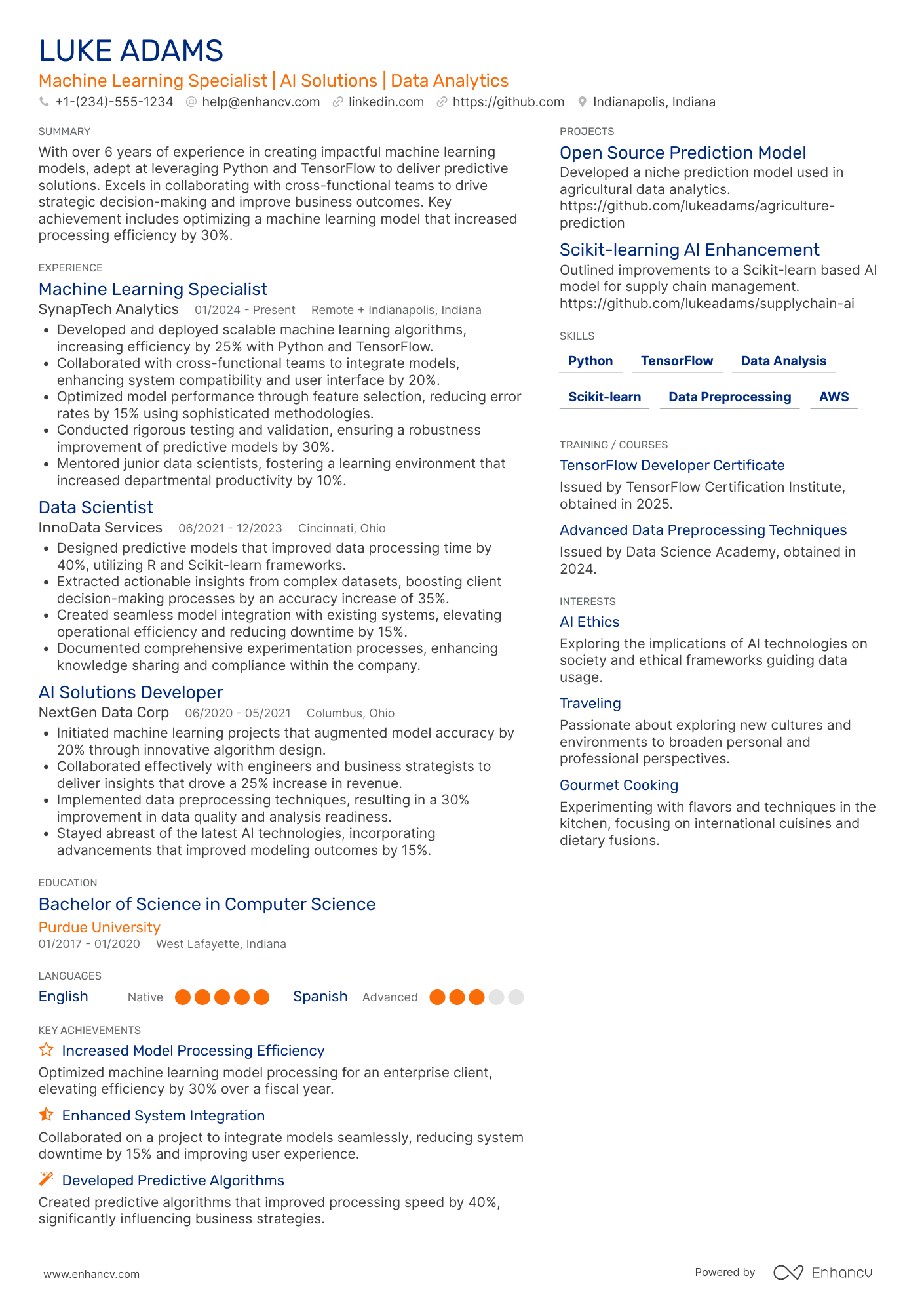 Machine Learning Specialist Resume Example
