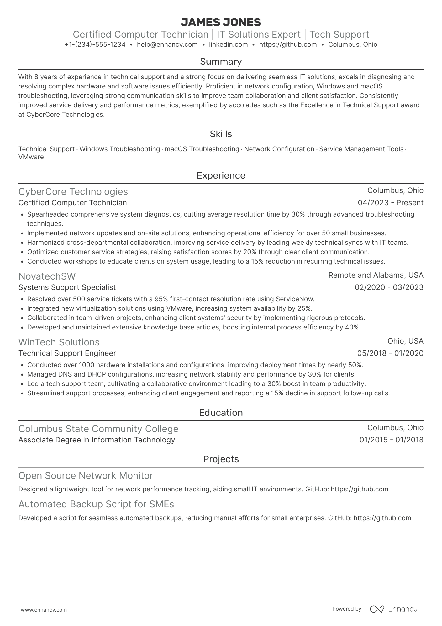 Certified Computer Technician Resume Example
