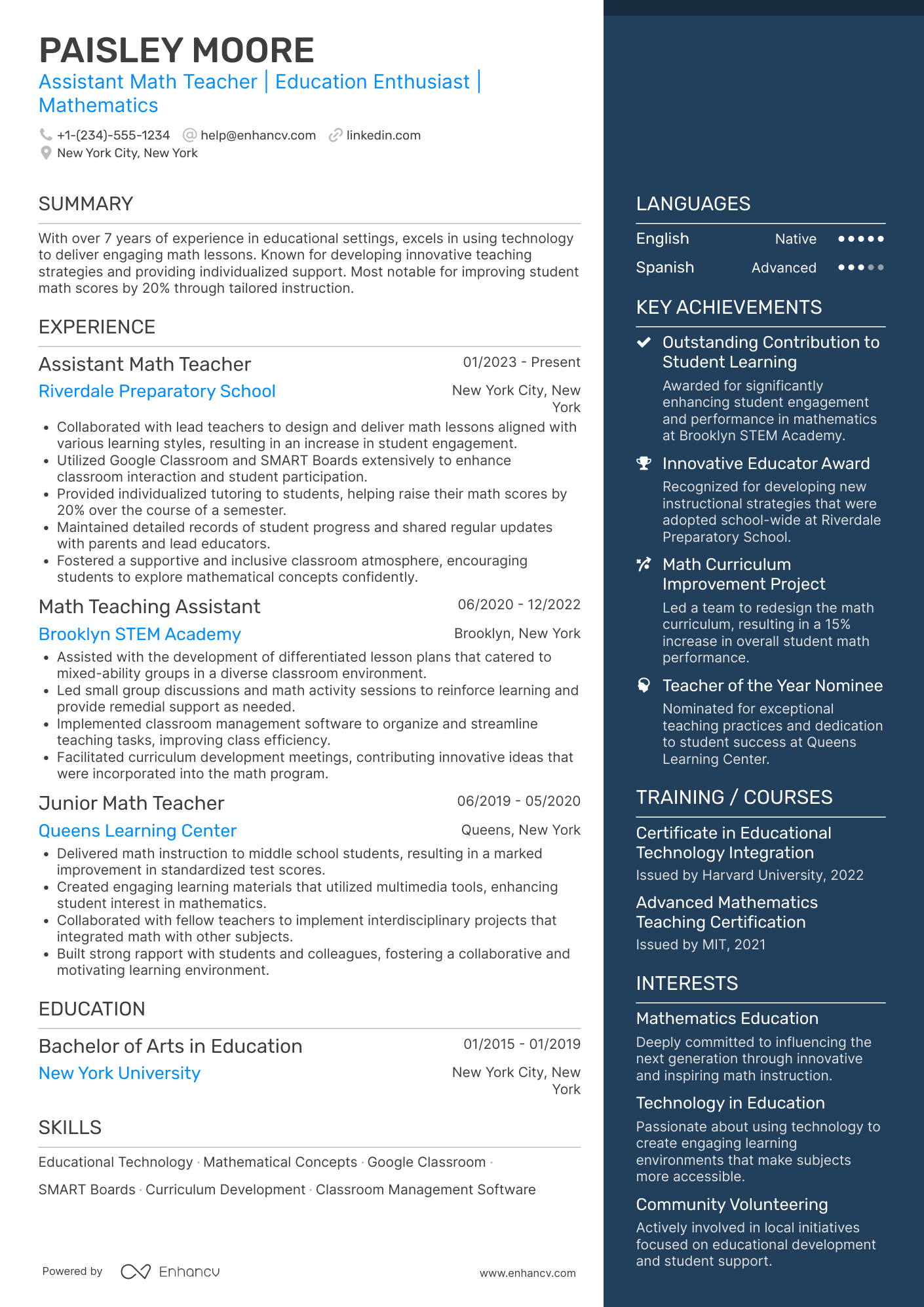 Assistant Math Teacher Resume Example