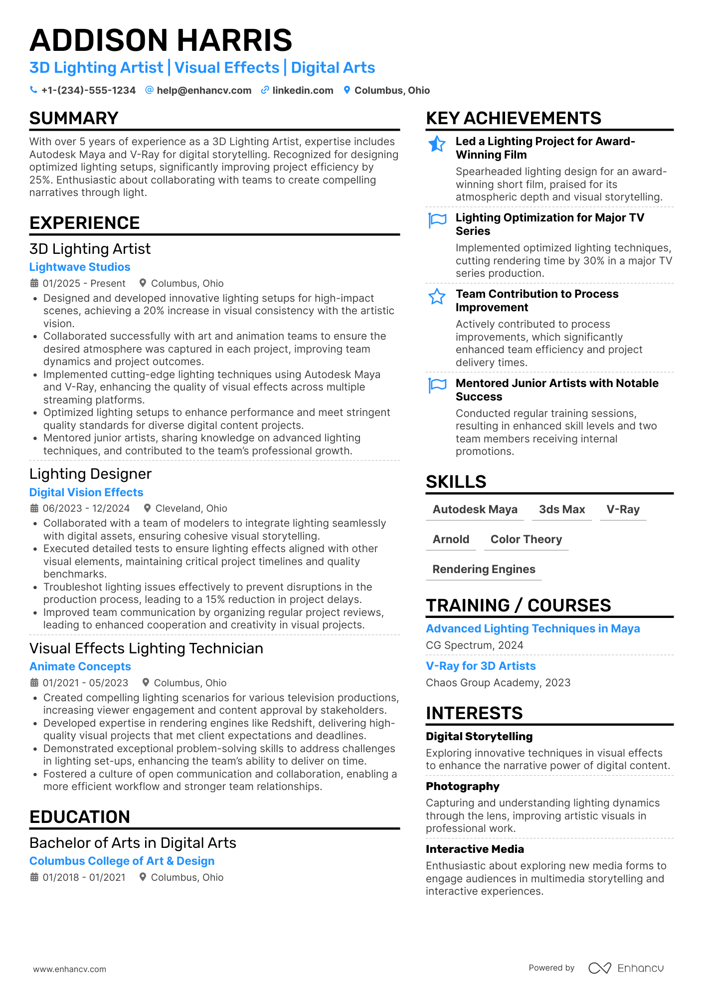 3D Lighting Artist Resume Example